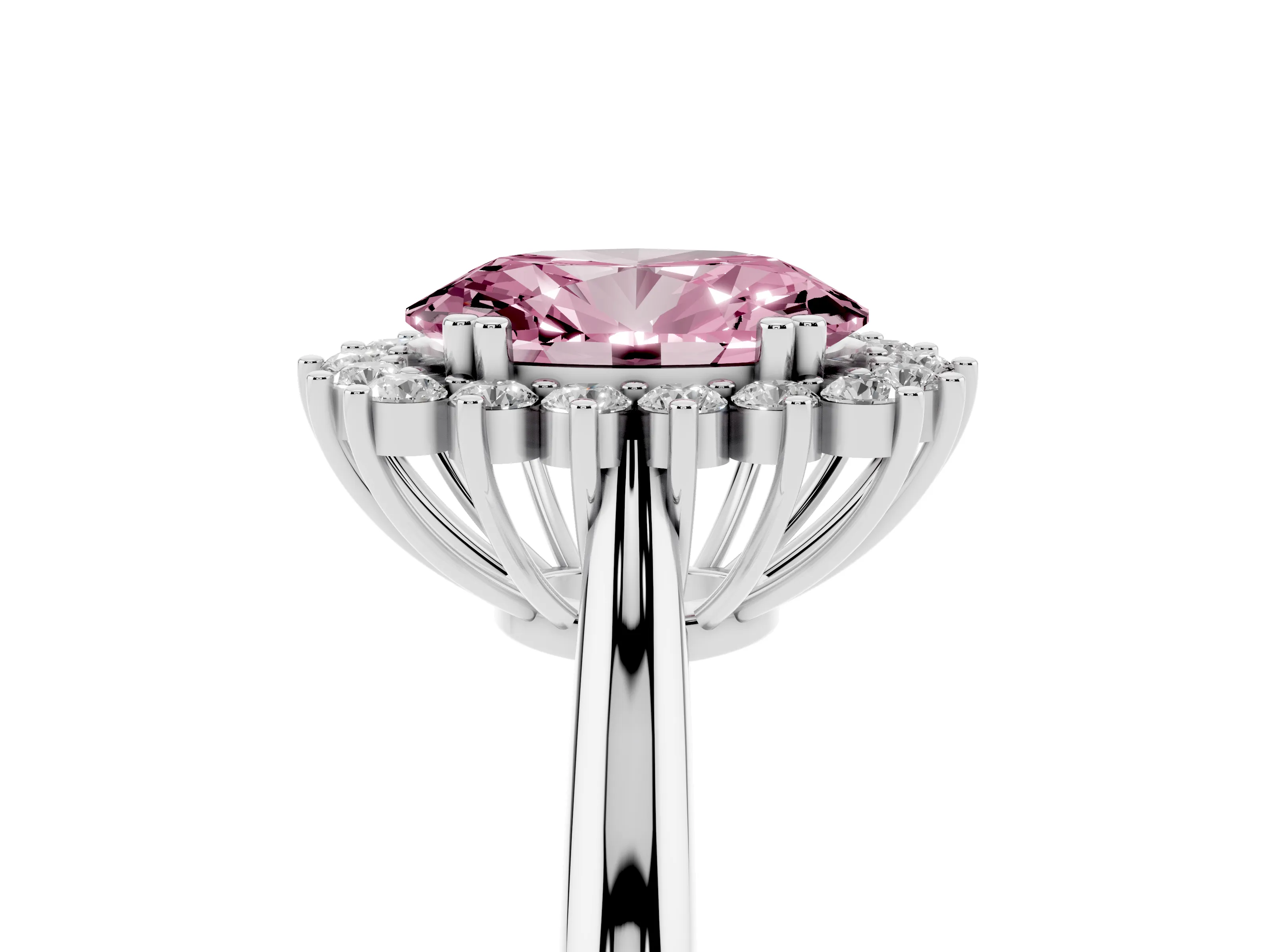 Fancy Pink Oval Cut Diamond Halo Ring Set in White gold with Plain Solitaire Band and Prong Setting