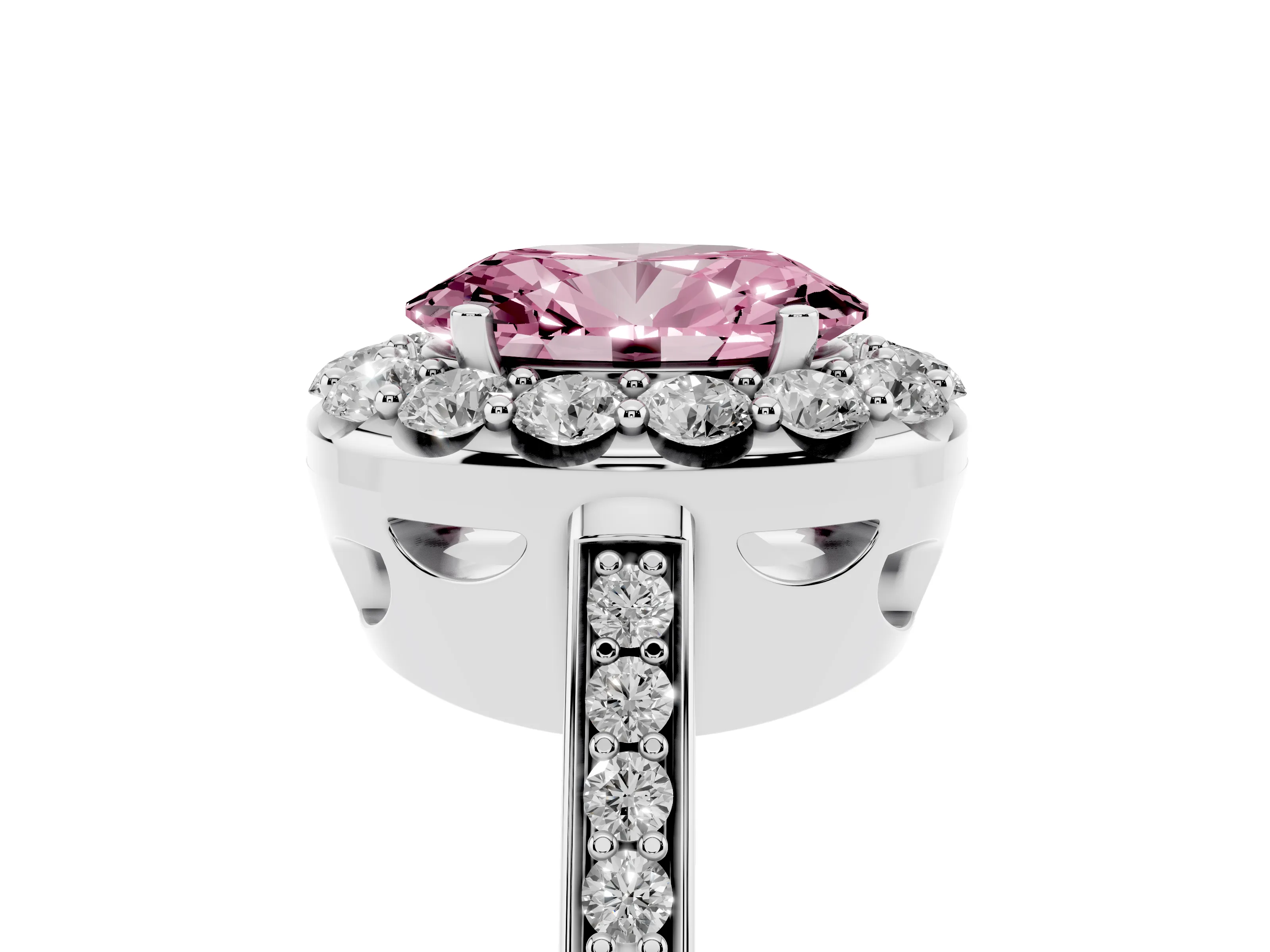 Fancy Pink Oval Cut Diamond Floral Halo Ring Set in White gold with Pavé Band and Prong Setting