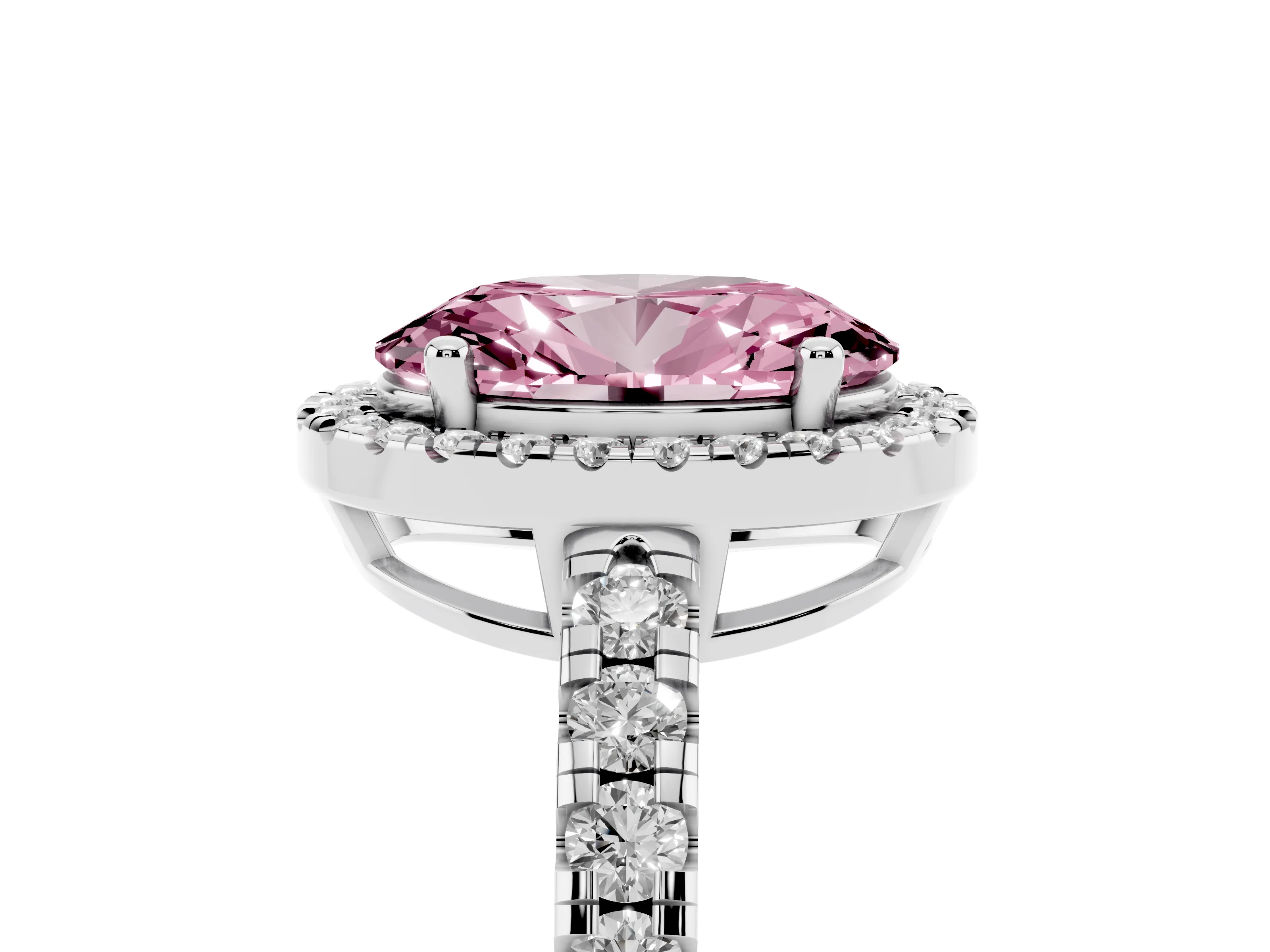 Fancy Pink Oval Cut Diamond Halo Ring Set in Platinum with Delicate Pavé Band and Prong Setting