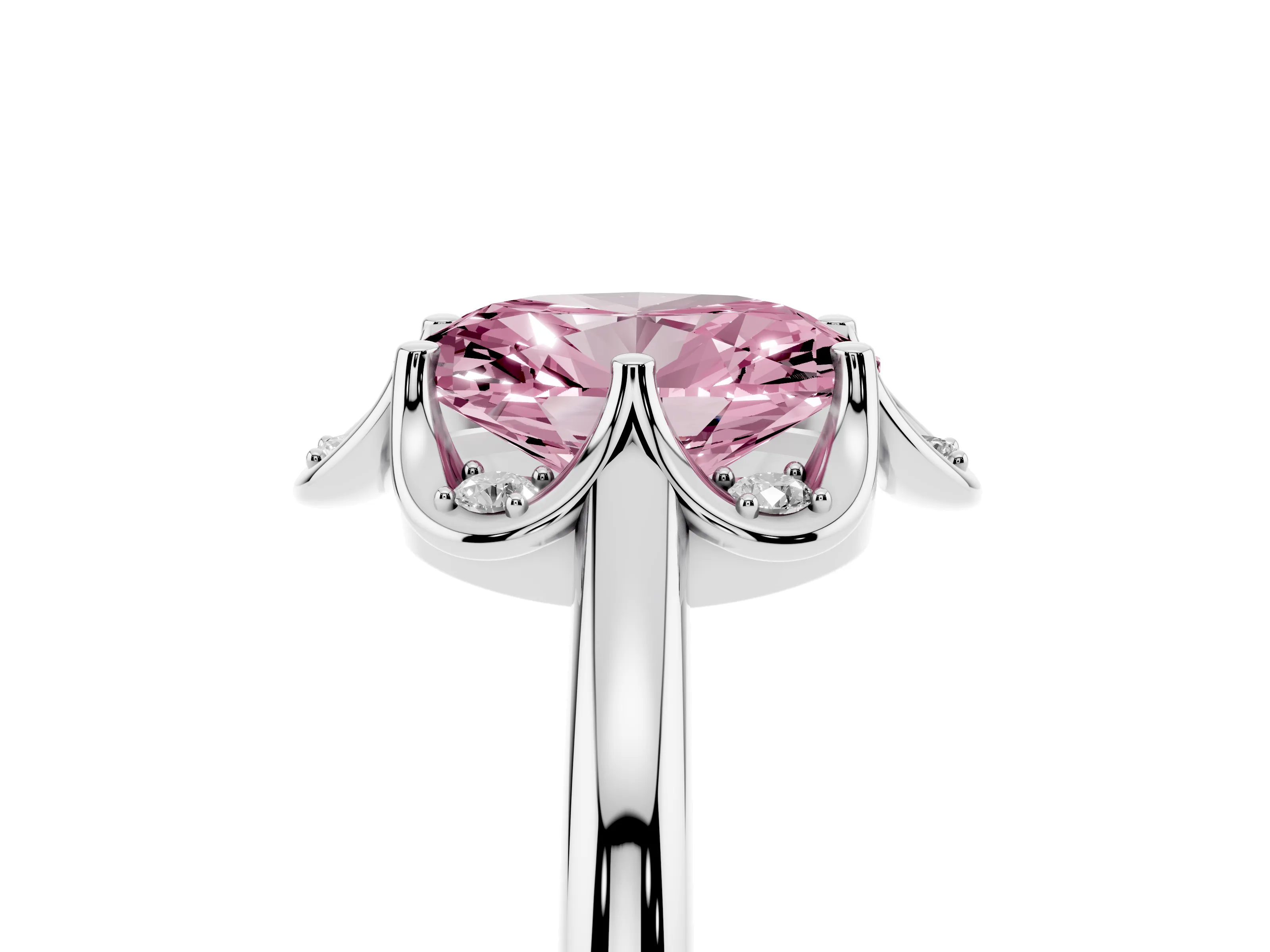 Fancy Pink Oval Cut Diamond Round Cluster Halo Ring Set in Platinum with Solitaire Band and Prong Setting