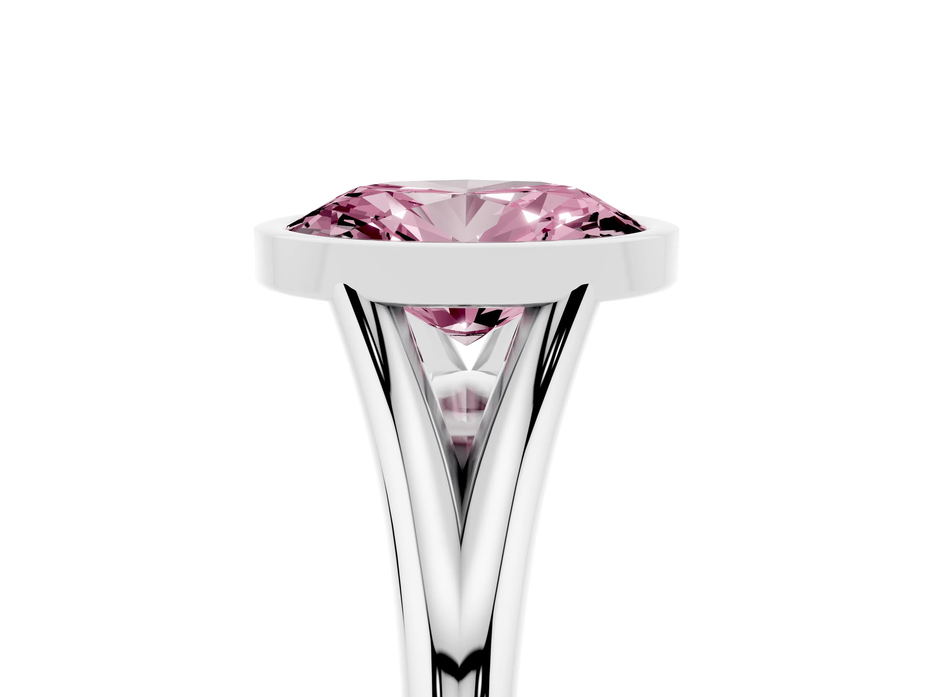 Fancy Pink Bezel Set Oval Cut Diamond Solitaire Ring Set in Silver with Tapered Band