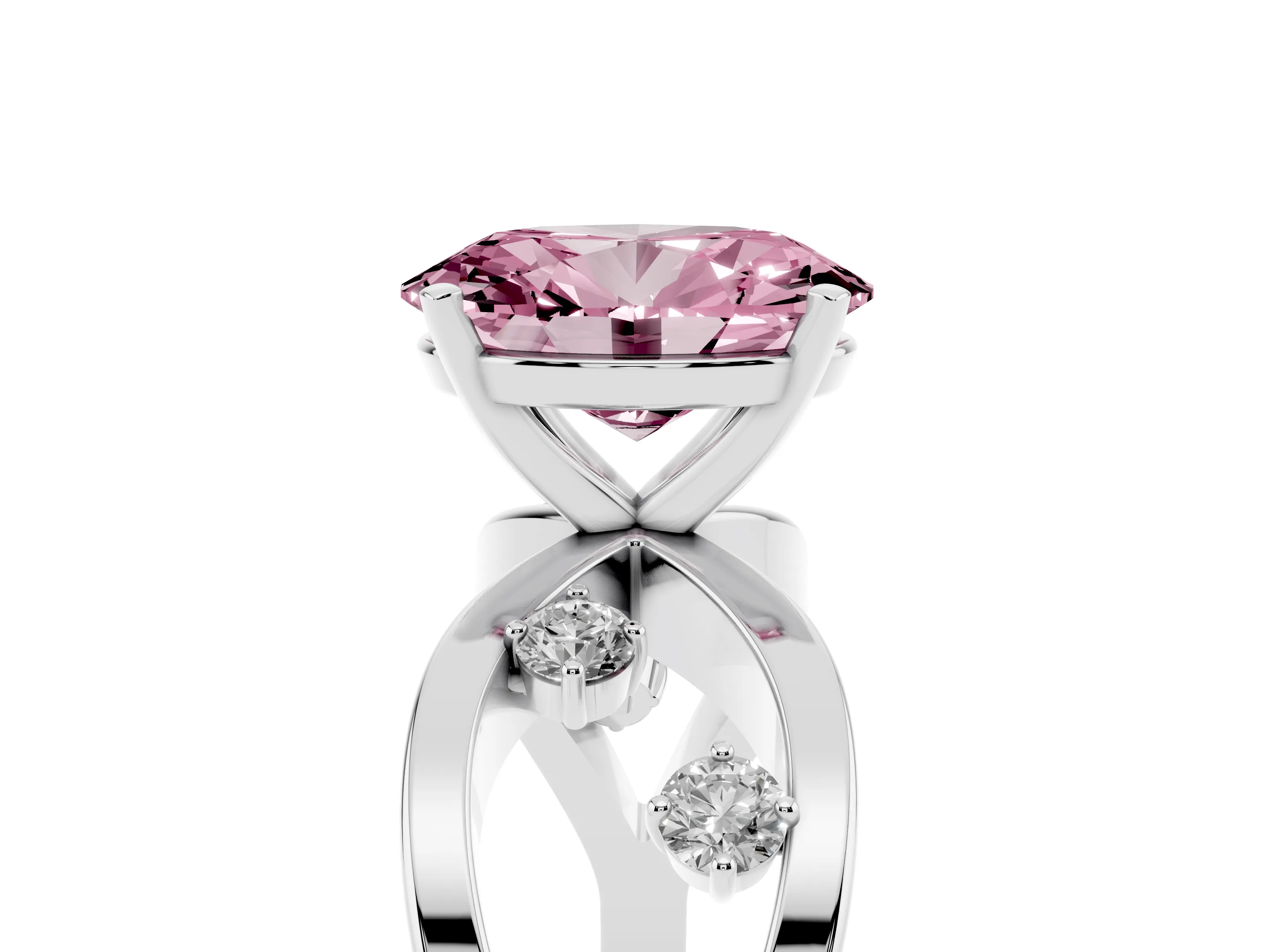 Fancy Pink Oval Cut Diamond Solitaire Ring Set in White gold with Side Stones on Criss-Cross Band and Prong Setting