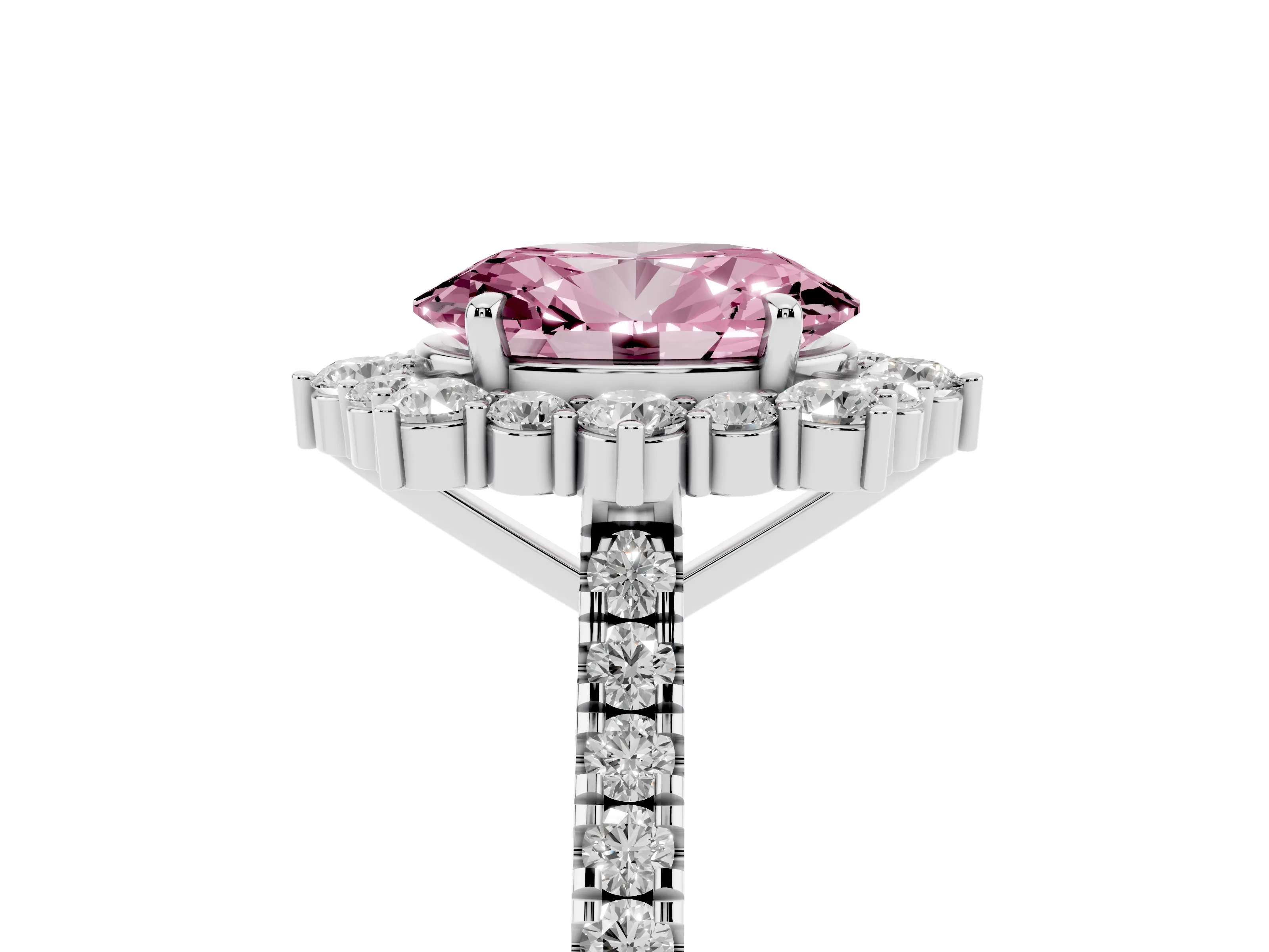 Fancy Pink Oval Cut Diamond Halo Ring Set in Silver with Pavé Band and Prong Setting