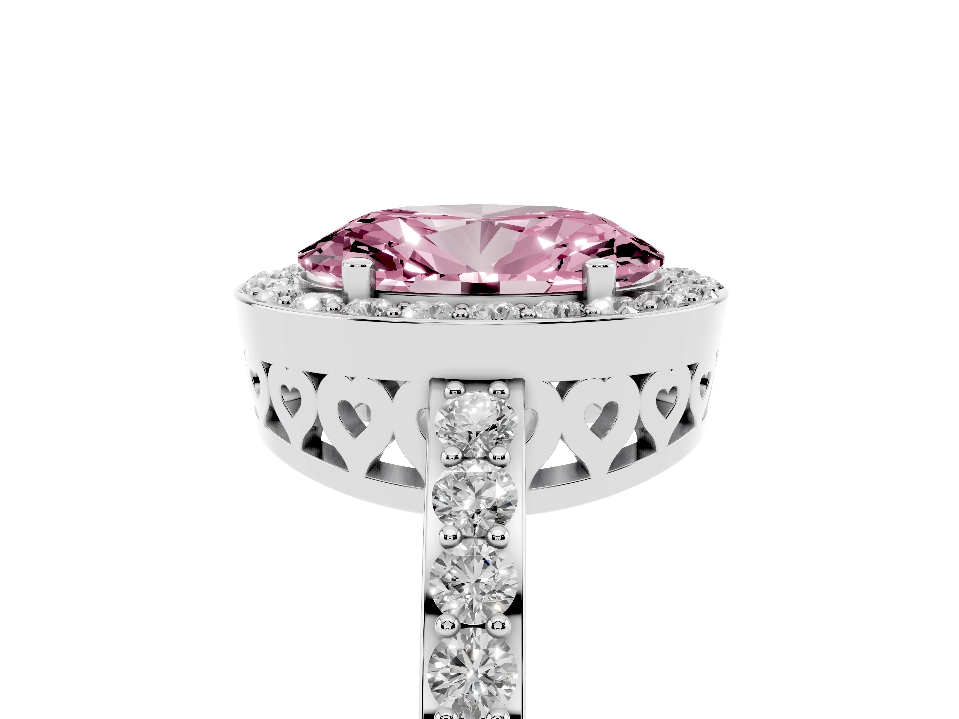 Fancy Pink Oval Cut Diamond Halo Ring Set in White gold with Pavé-Setting Band and Open Prong Center
