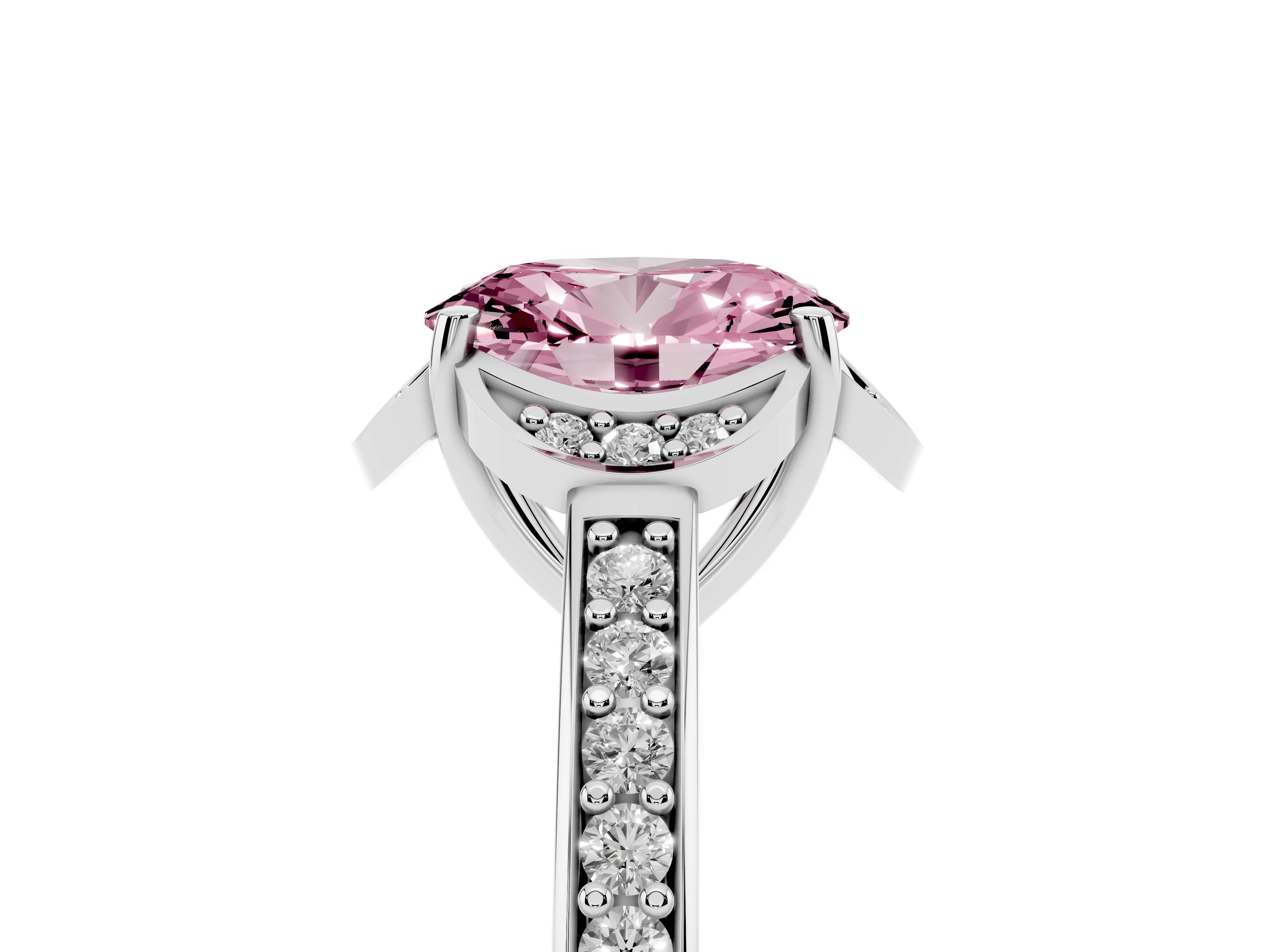 Fancy Pink Oval Cut Diamond Halo Ring Set in Silver with Channel Set Band and Prong Setting