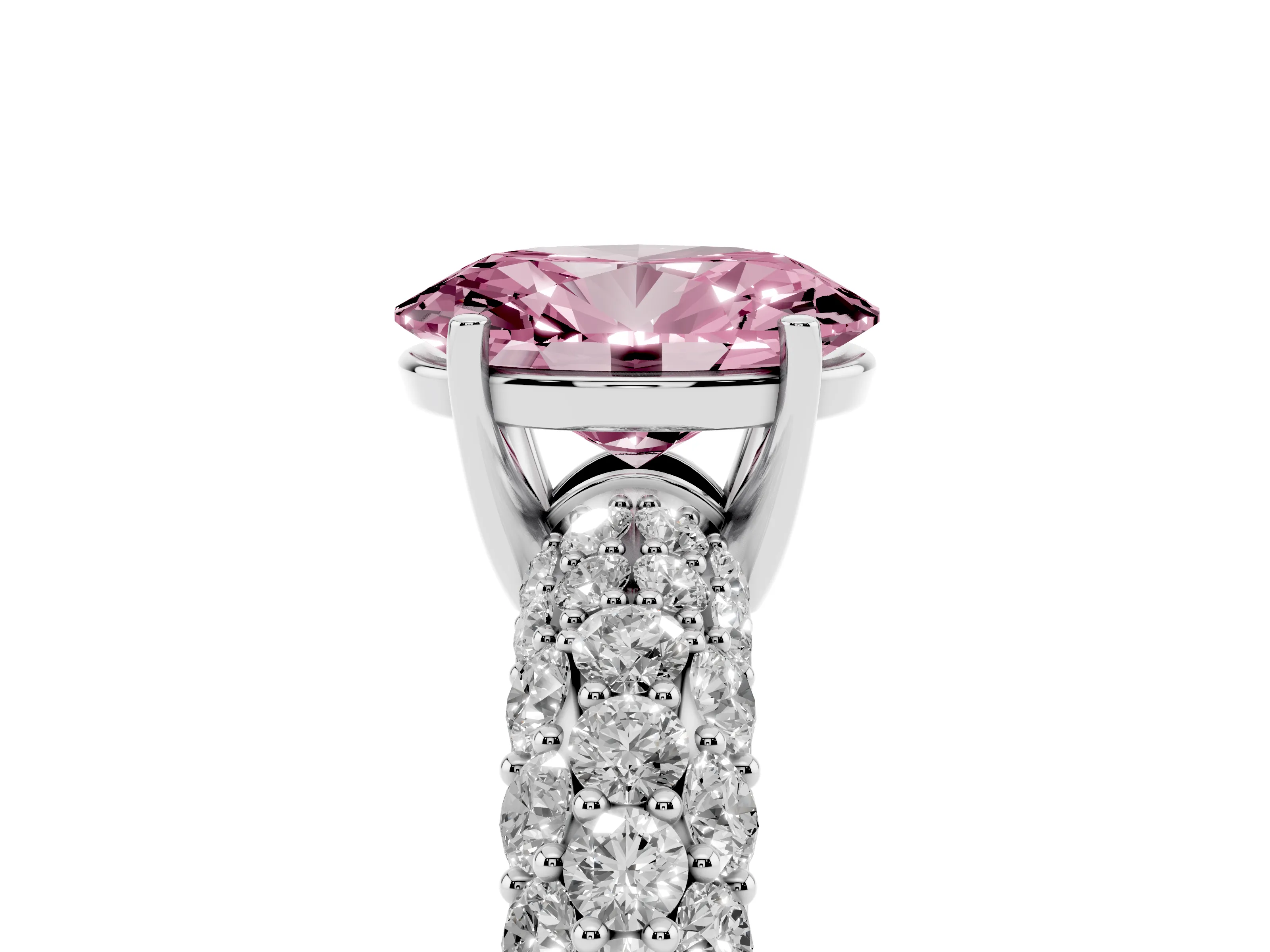 Fancy Pink Oval Cut Diamond Pavé Band Solitaire Ring Set in White gold with Close-Set Accent Stones and Prong Setting