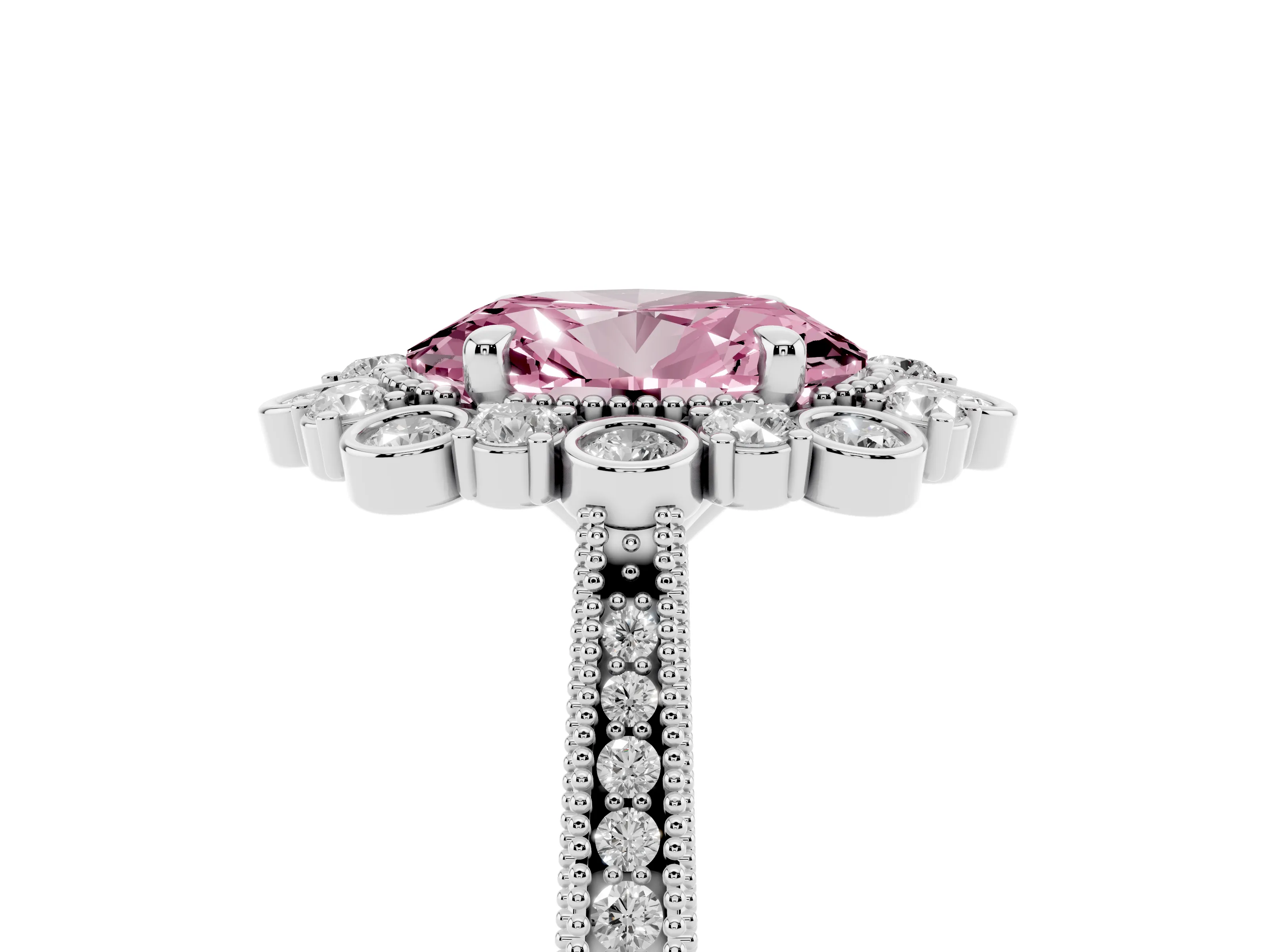 Fancy Pink Oval Cut Diamond Halo Milgrain Pavé Ring Set in Silver with Prong Setting