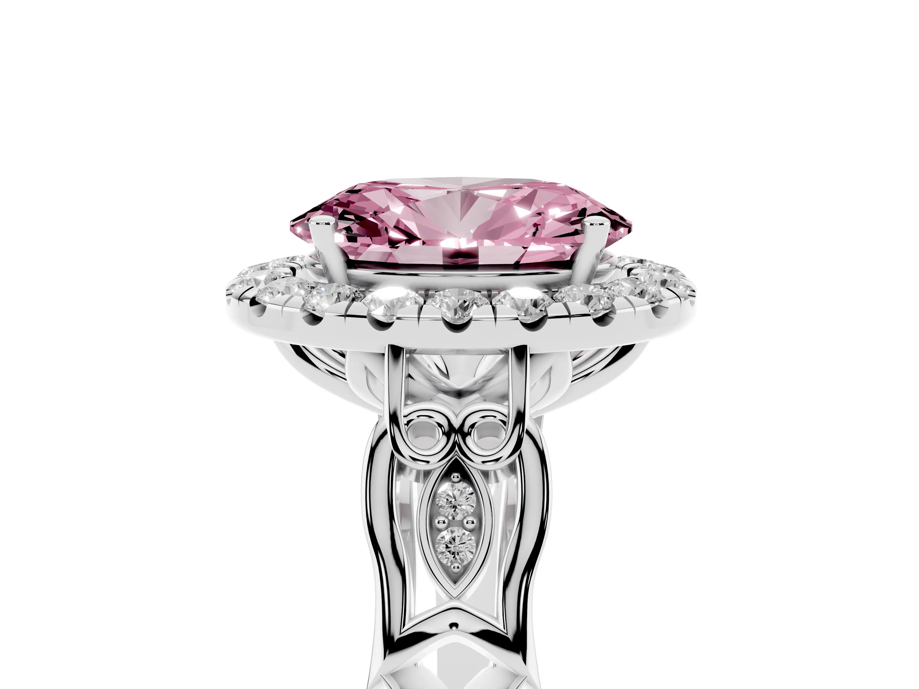 Fancy Pink Oval Cut Diamond Halo Engagement Ring Set in Platinum with Filigree Band and Prong-Set Center