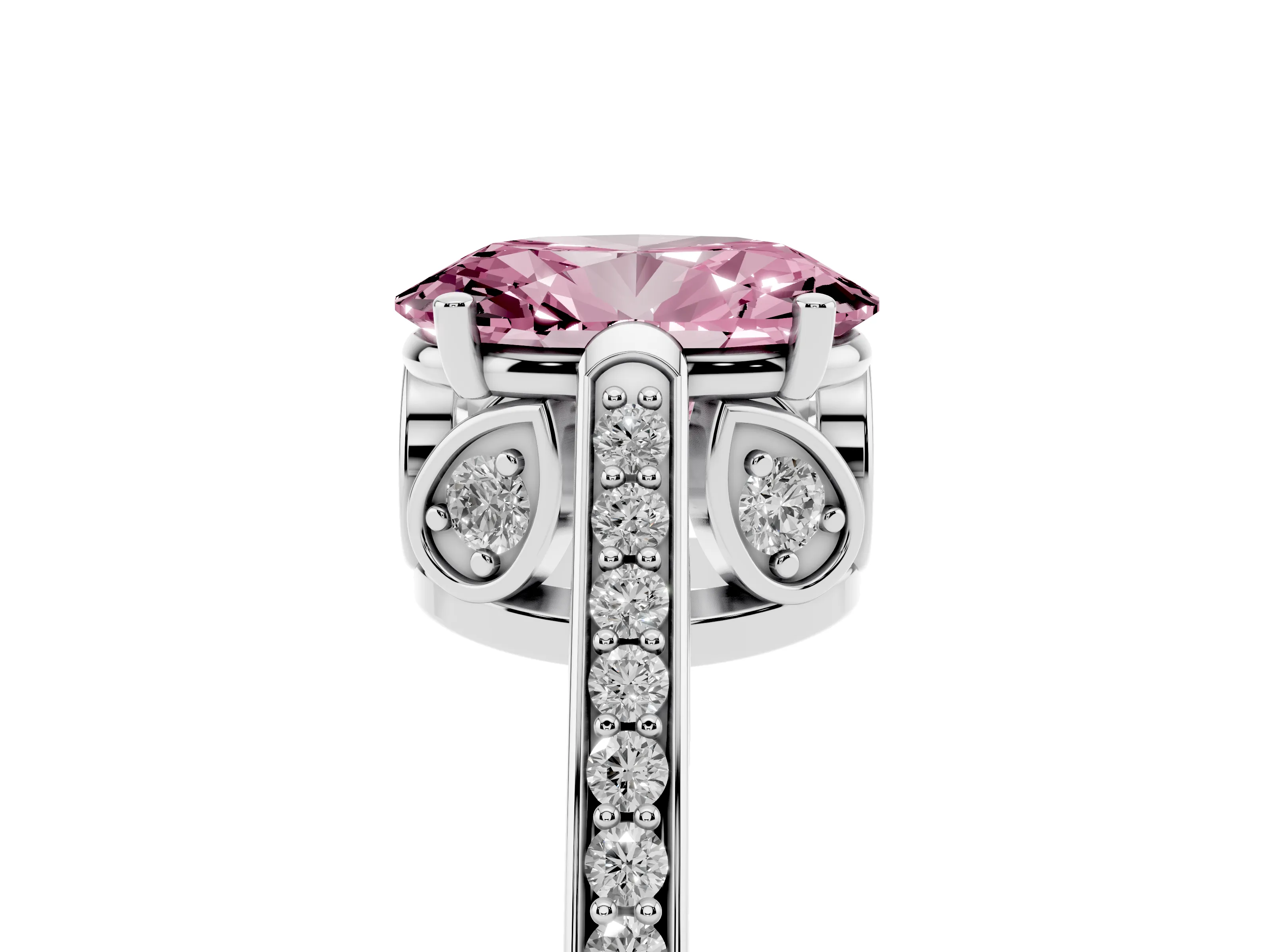 Fancy Pink Oval Cut Diamond Cathedral Pavé Engagement Ring Set in Silver with Prong Setting