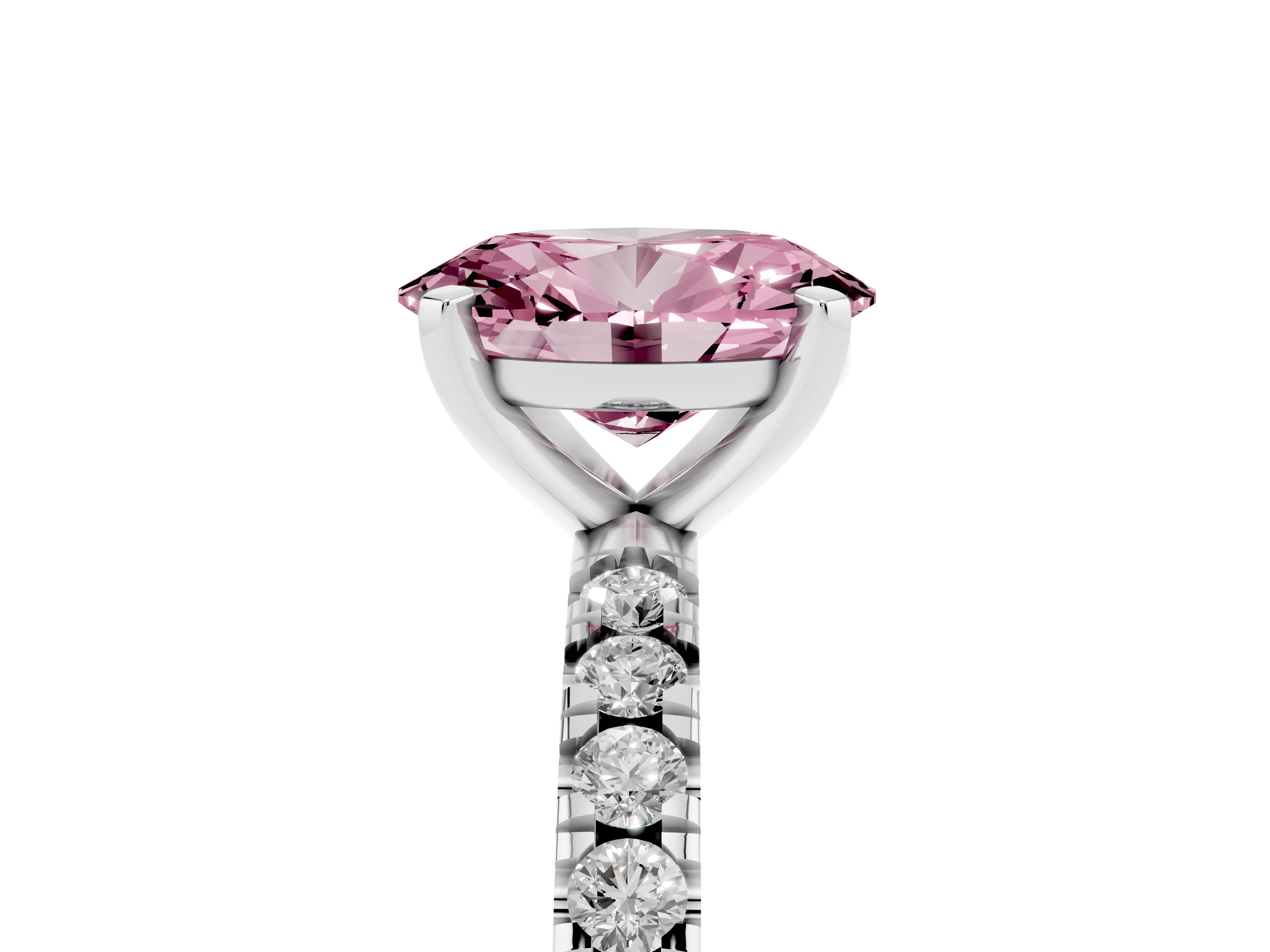Fancy Pink Oval Cut Diamond Pavé Band Solitaire Set in White gold with Prong Setting