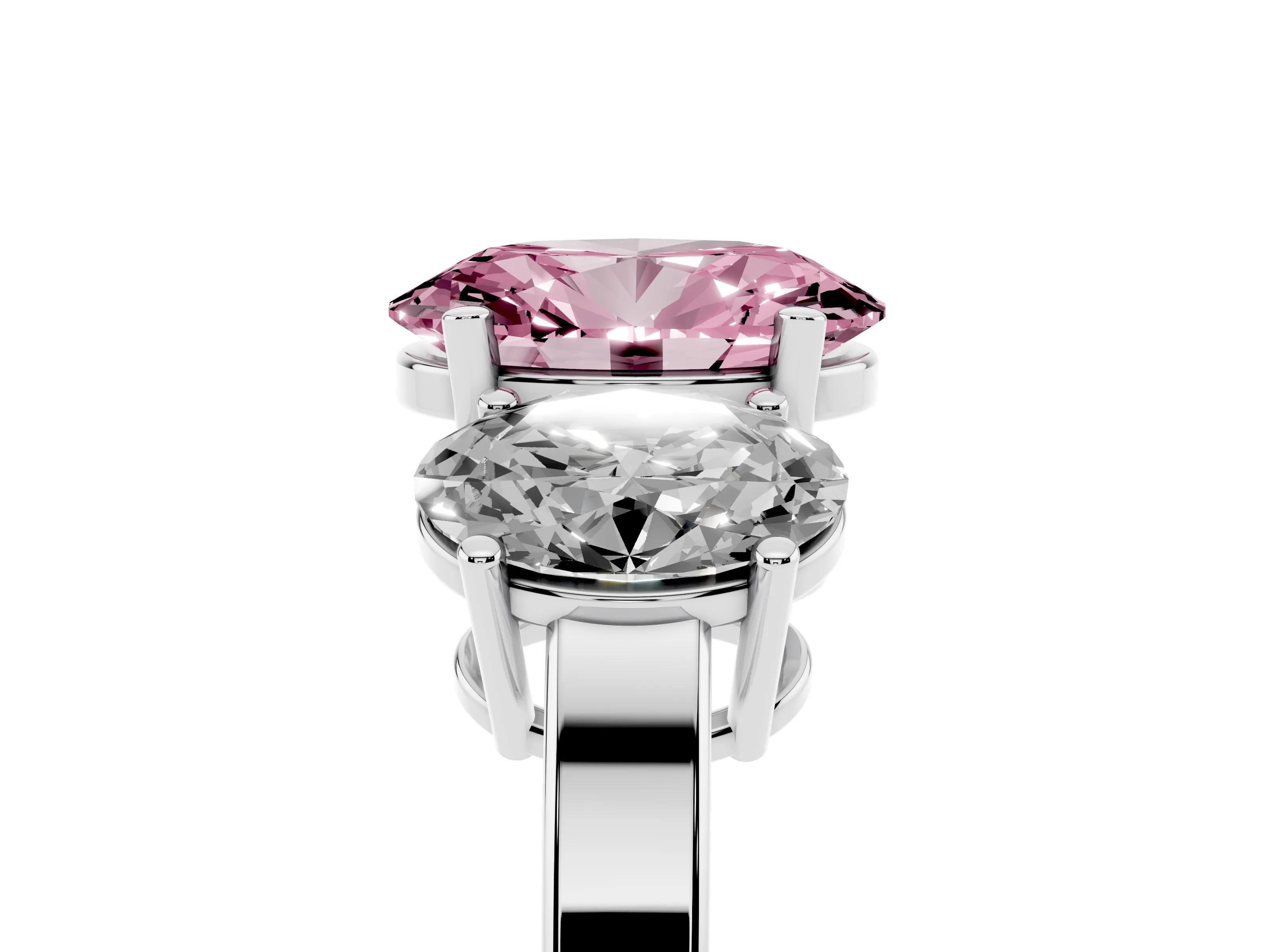Fancy Pink Oval Cut Diamond Three-Stone Engagement Ring Set in Silver with Flat Band