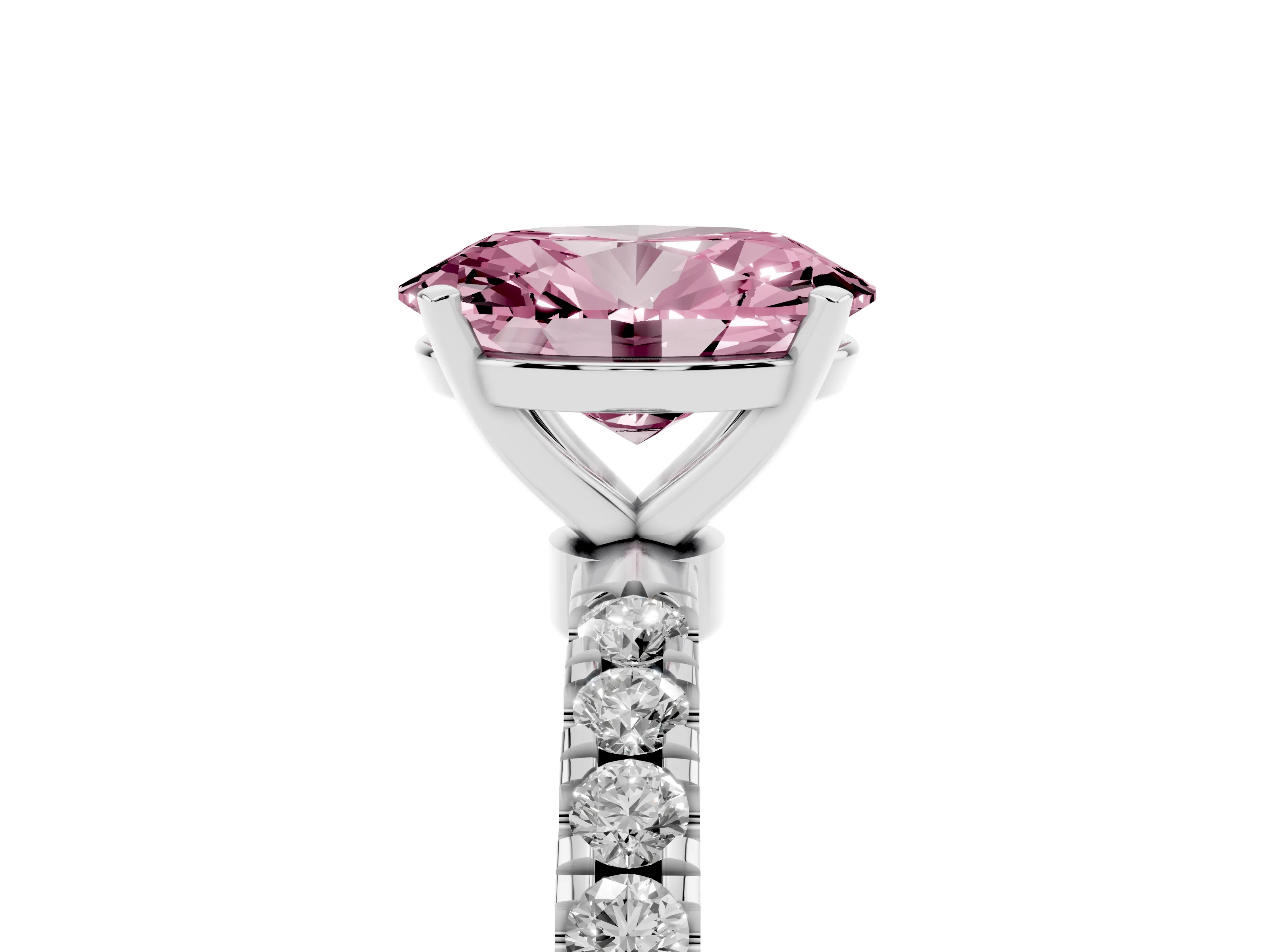 Fancy Pink Oval Cut Diamond Solitaire Ring Set in Platinum with Pavé Accents and Prong Setting