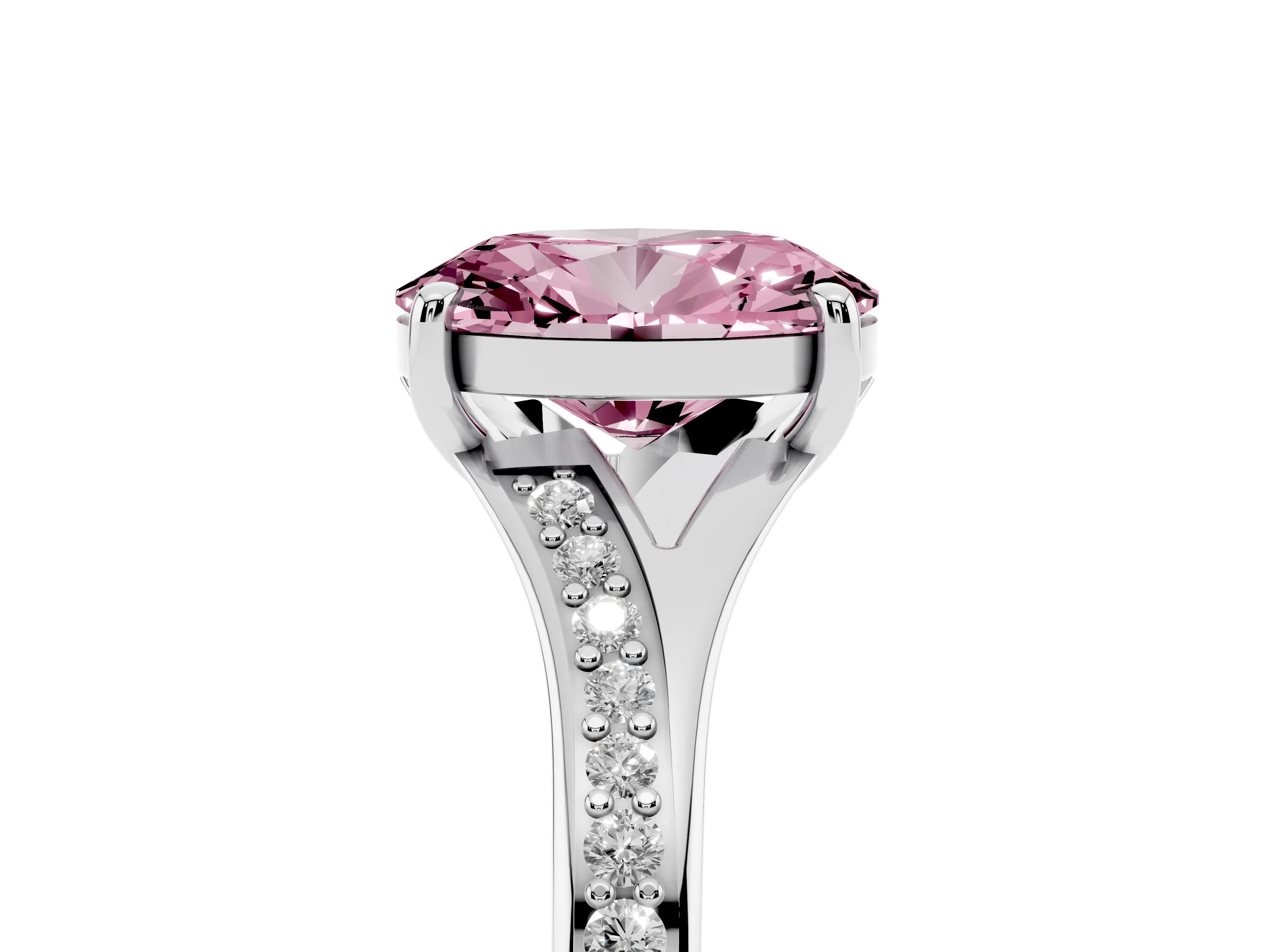Fancy Pink Oval Cut Diamond Solitaire Ring Set in Platinum with Pavé Accent Band and Classic Prong Setting
