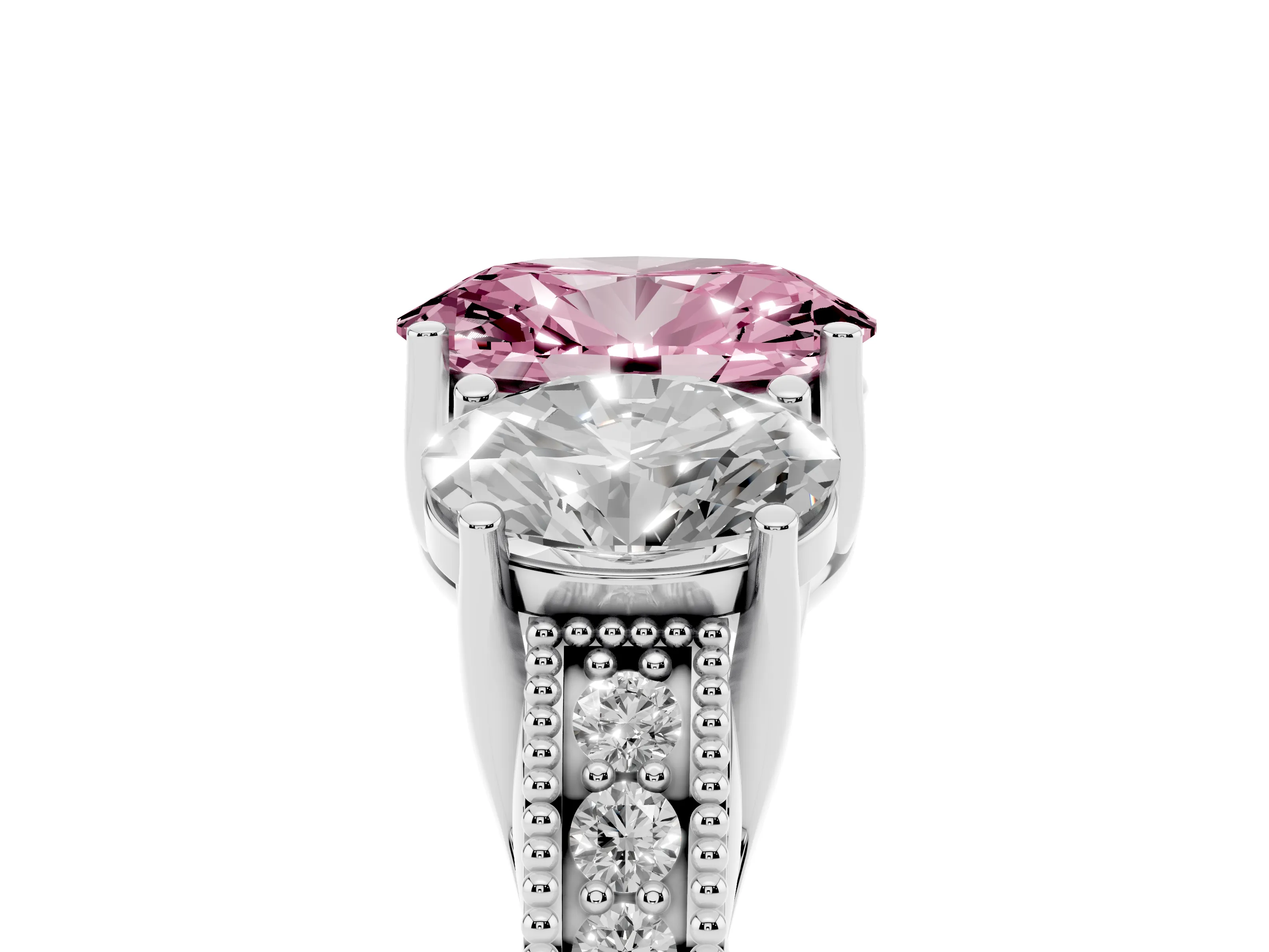 Fancy Pink Oval Cut Diamond Three-Stone Engagement Ring Set in Silver with Milgrain Pavé Band