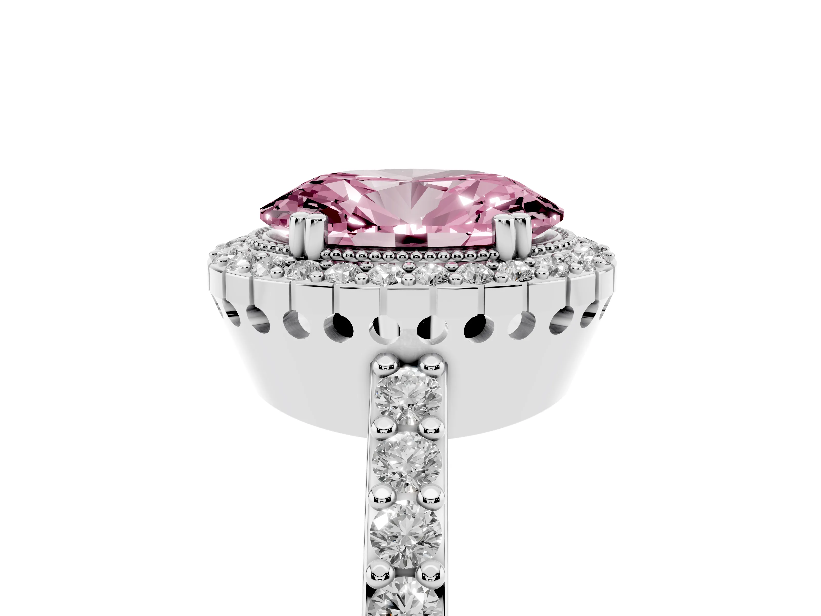 Fancy Pink Oval Cut Diamond Halo Engagement Ring Set in Platinum with Milgrain Detail and Pavé Band