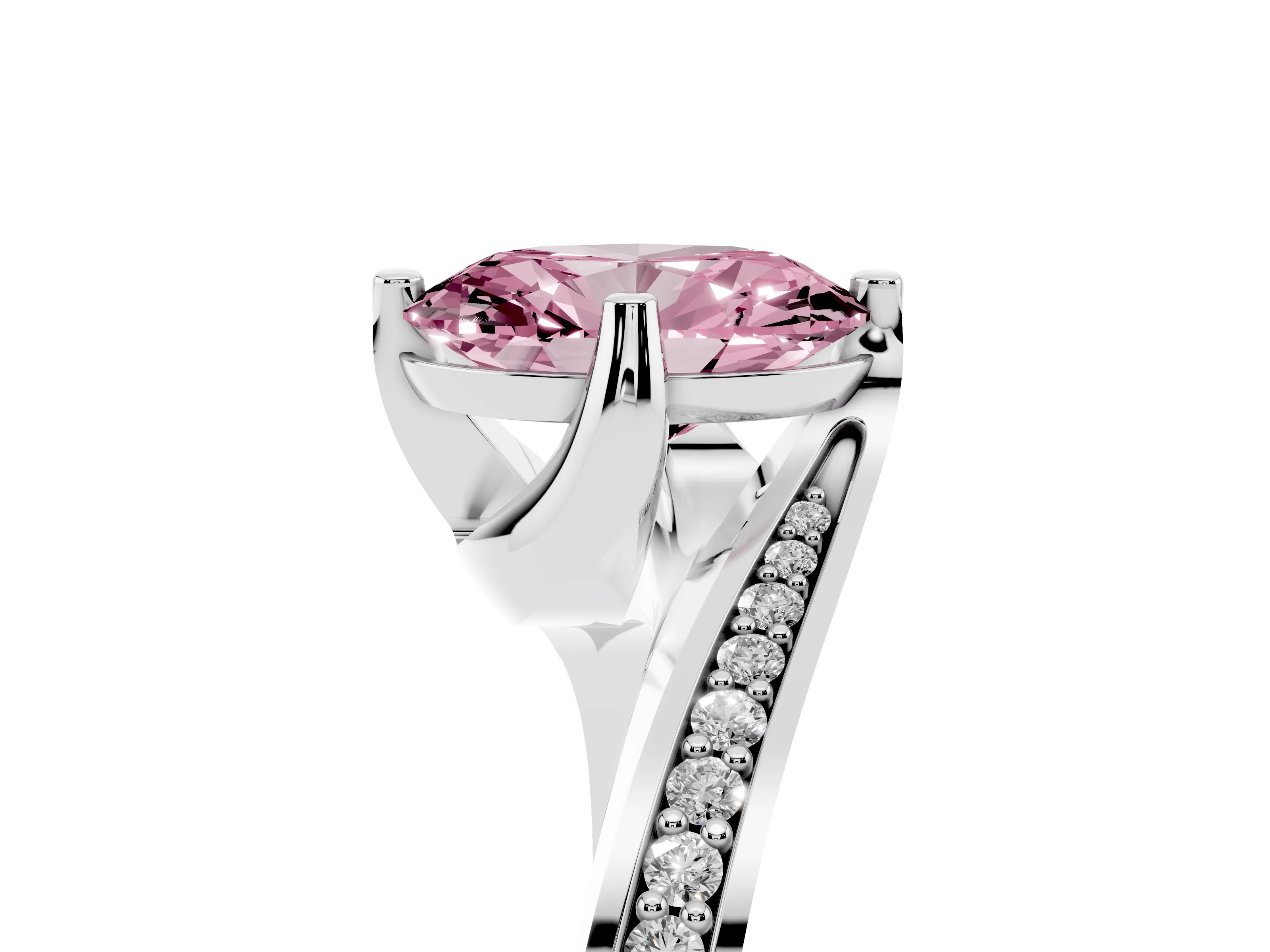 Fancy Pink Oval Cut Diamond Solitaire Ring Set in Silver with Intertwined Pavé Twist Band