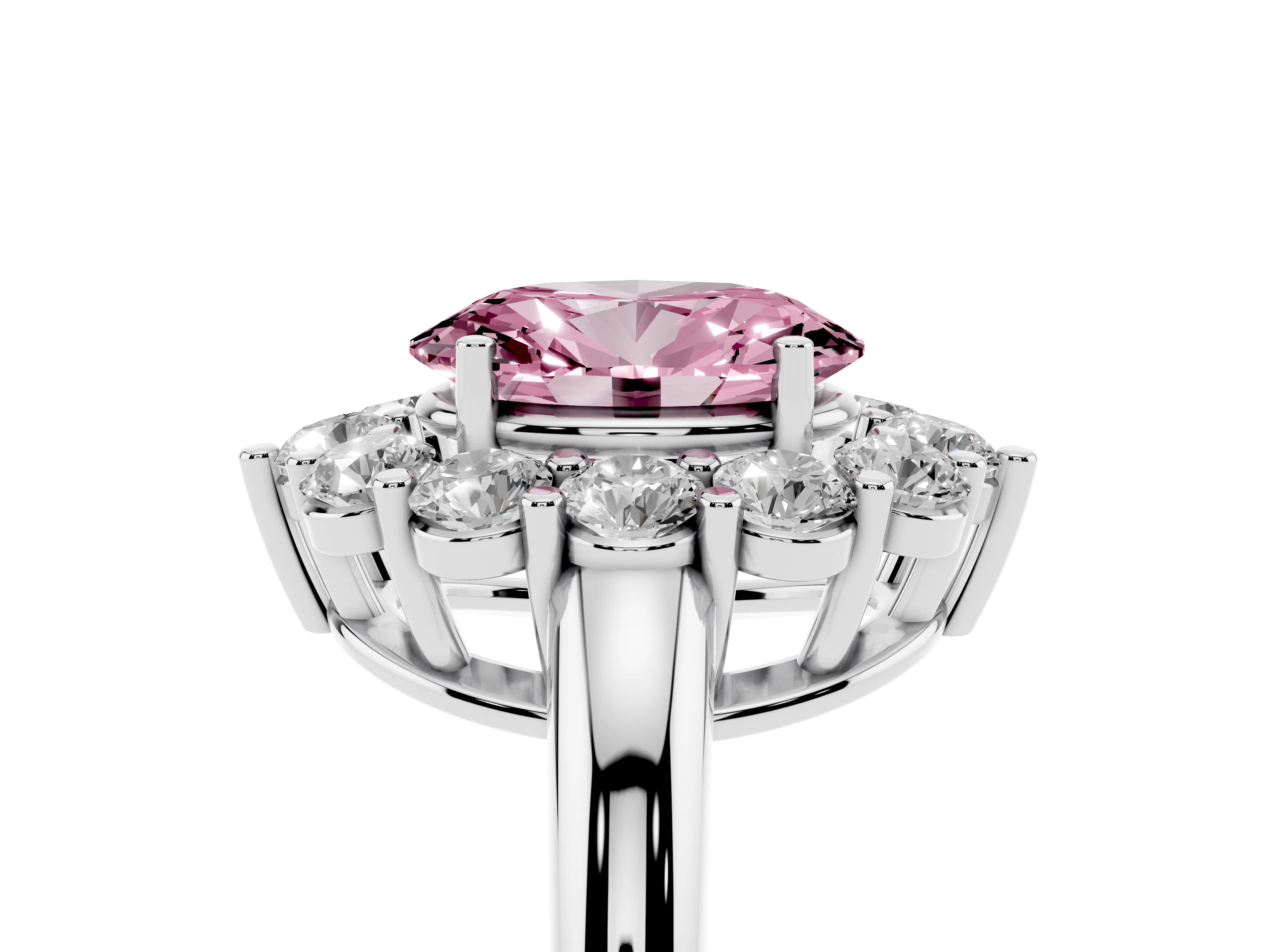 Fancy Pink Oval Cut Diamond Halo Cluster Engagement Ring Set in Silver with Polished Band and Prong Setting
