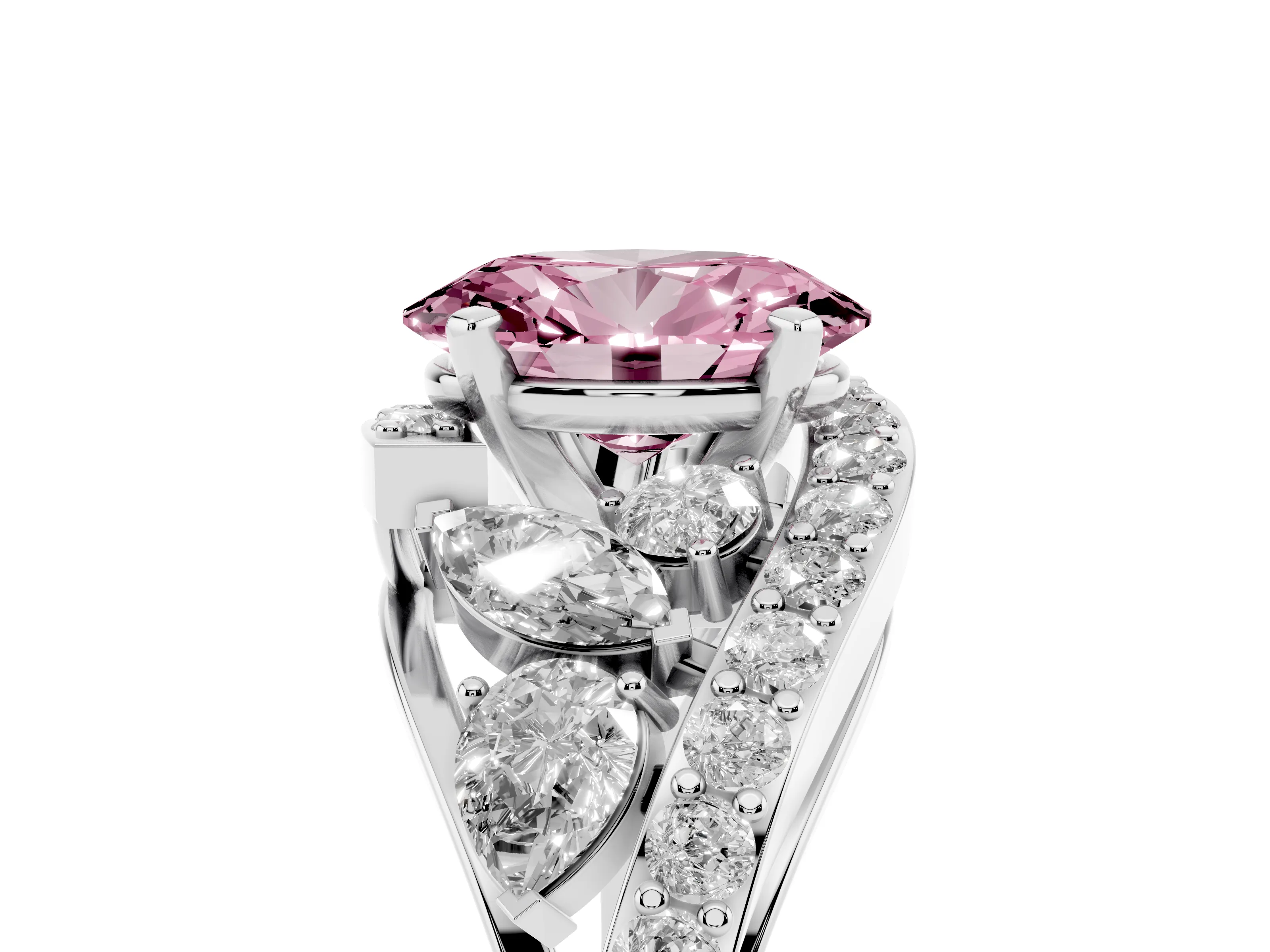 Fancy Pink Oval Cut Diamond Halo Ring Set in Platinum with Marquise and Pavé Band in Prong Setting