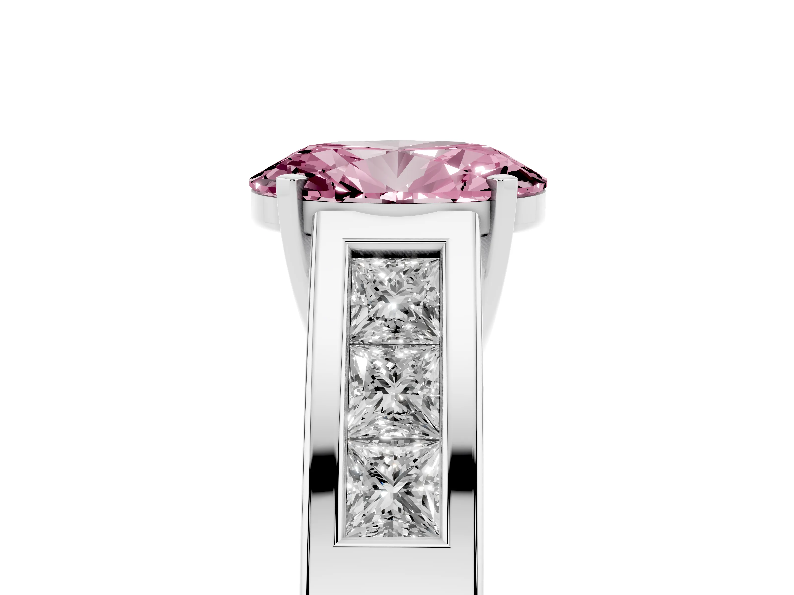 Fancy Pink Oval Cut Diamond Solitaire Ring Set in Platinum with Channel-Set Accent Stones and Prong Setting