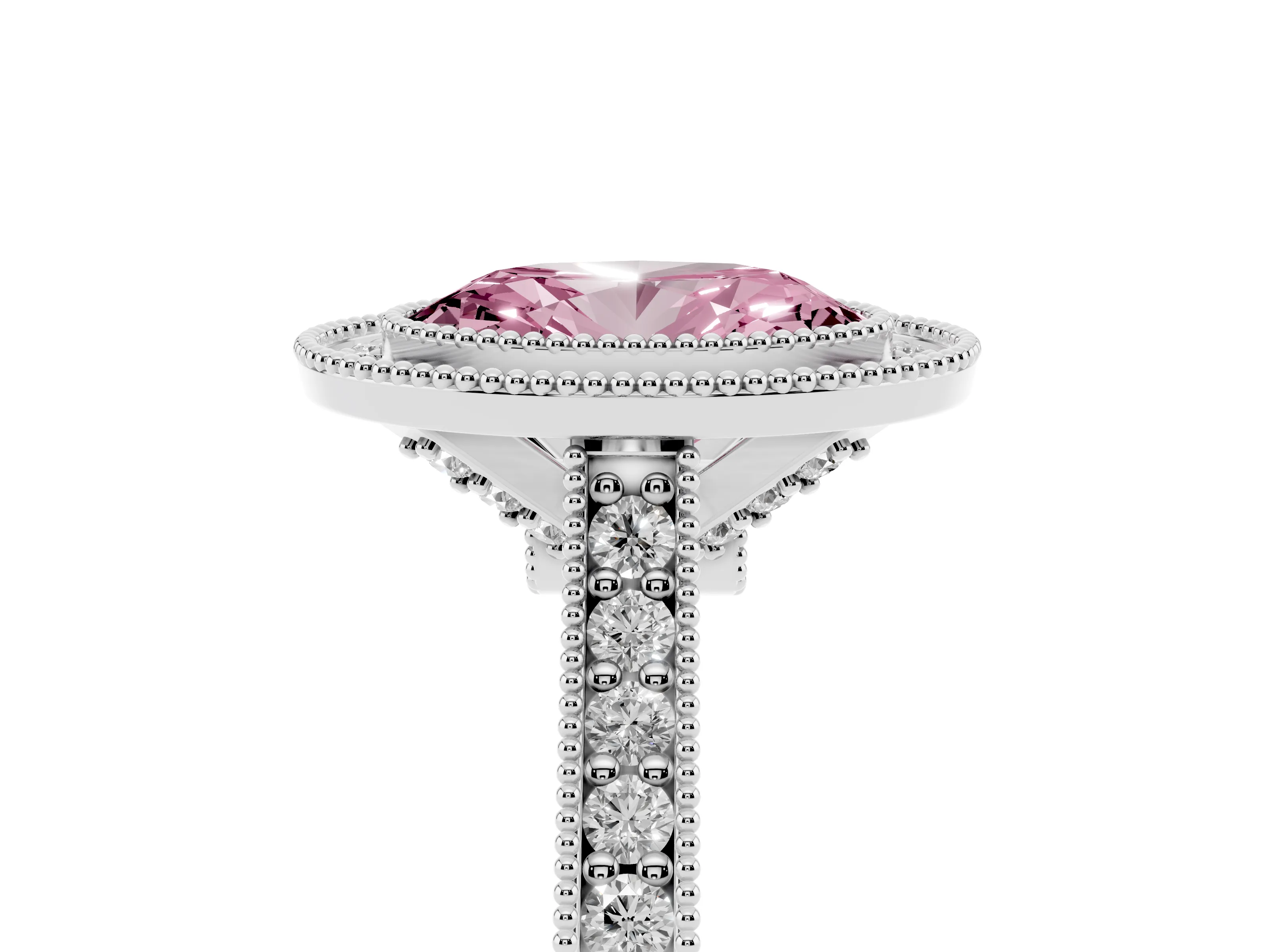 Fancy Pink Oval Cut Diamond Halo Milgrain Pavé Band Ring Set in Silver with Prong Setting