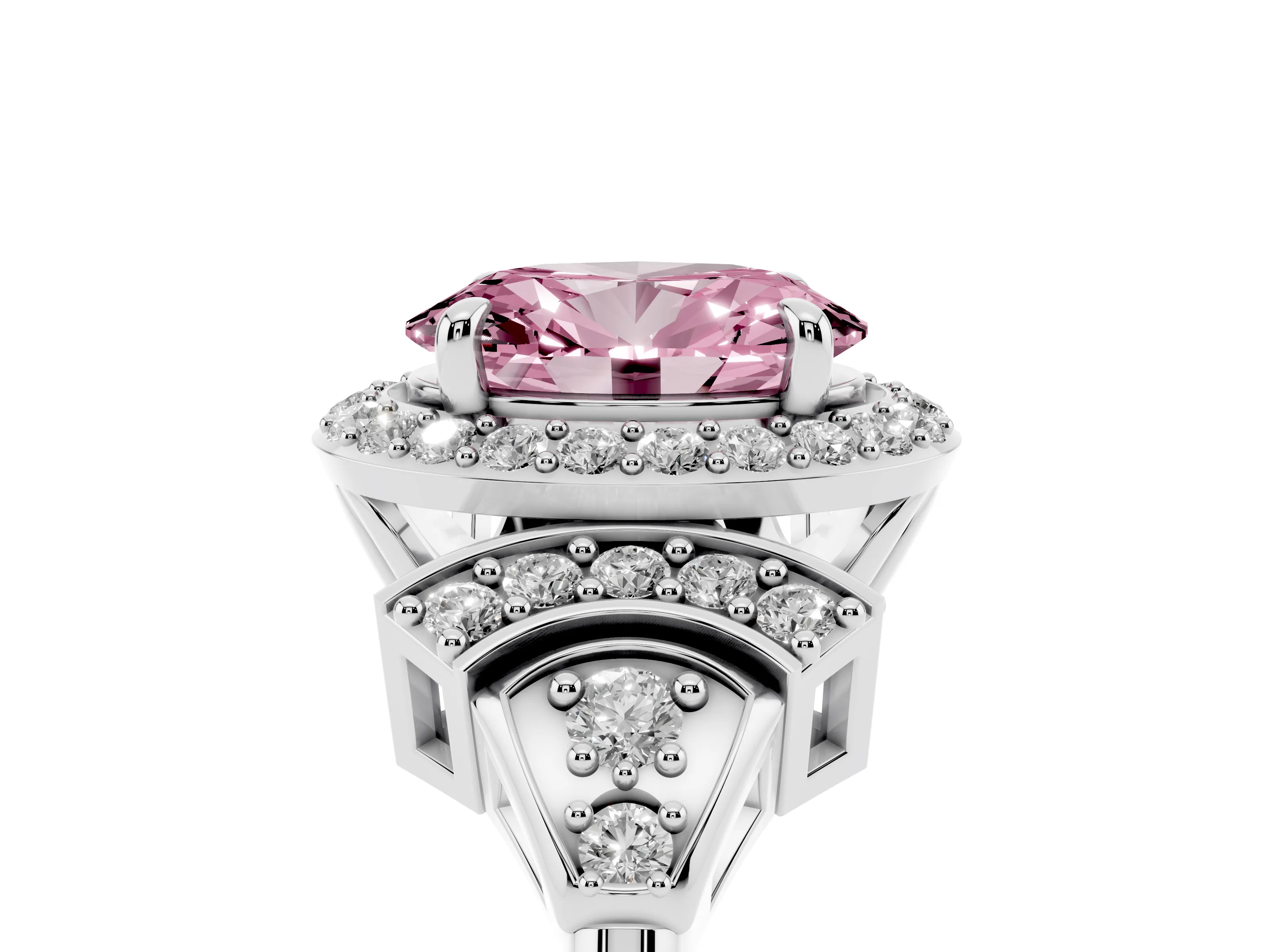 Fancy Pink Oval Cut Diamond Halo Engagement Ring Set in Silver with Accent Stone Split Shank