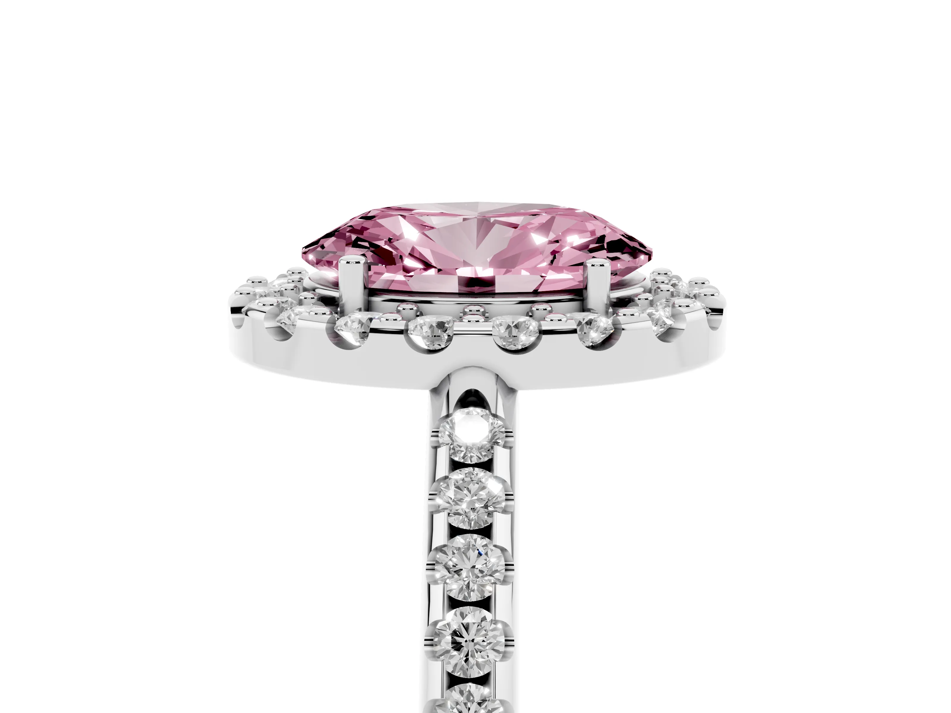 Fancy Pink Oval Cut Diamond Pavé Halo Ring Set in White gold with Prong Setting