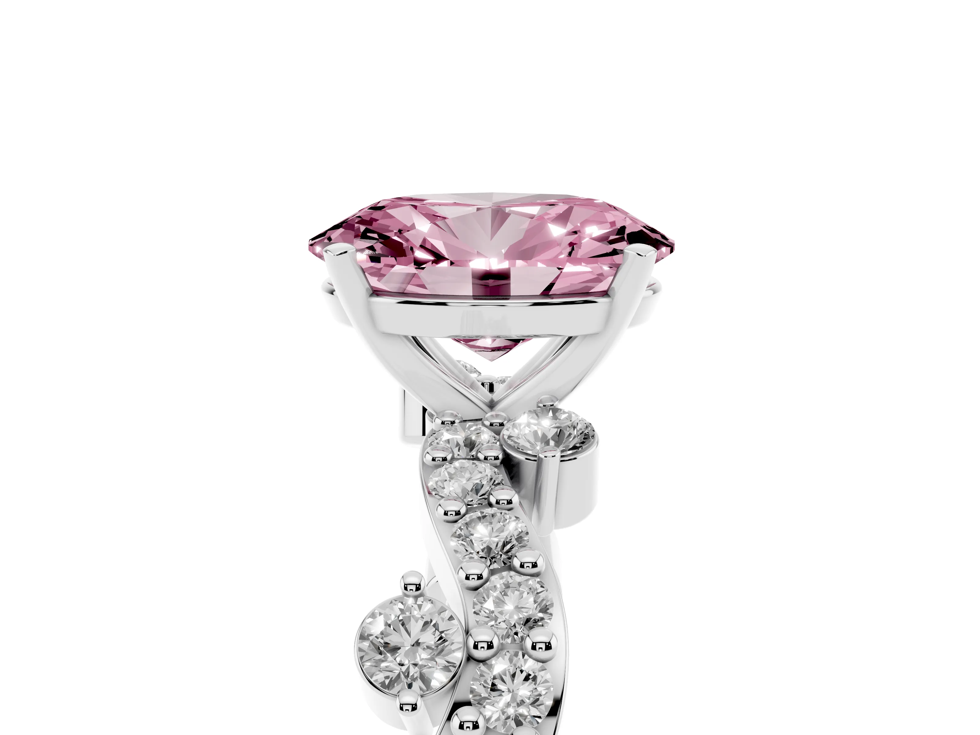 Fancy Pink Oval Cut Diamond Solitaire Twisted Band Set in White gold with Pavé Setting