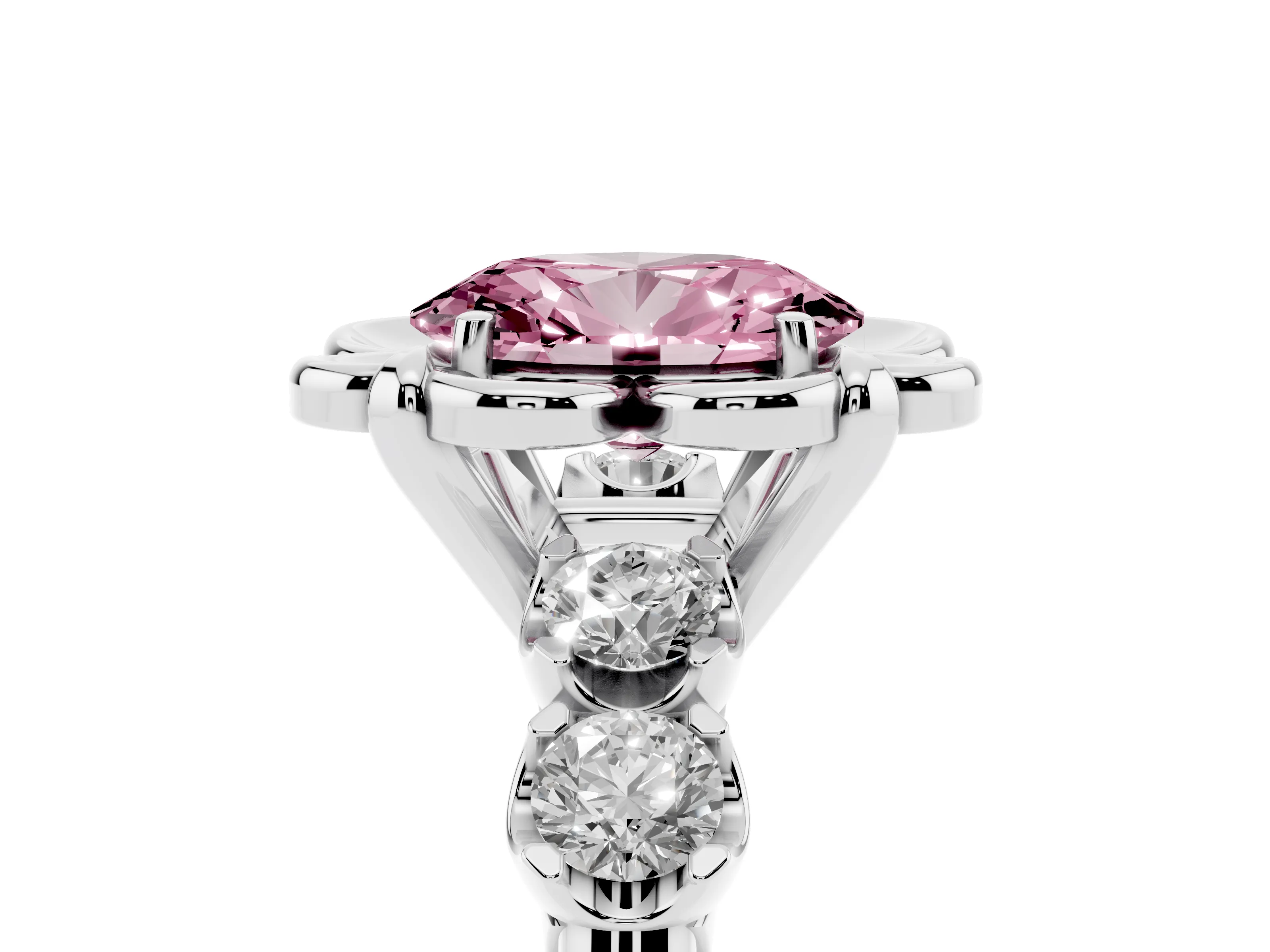 Fancy Pink Oval Cut Diamond Floral Halo Ring Set in Platinum with Shared Prong Band