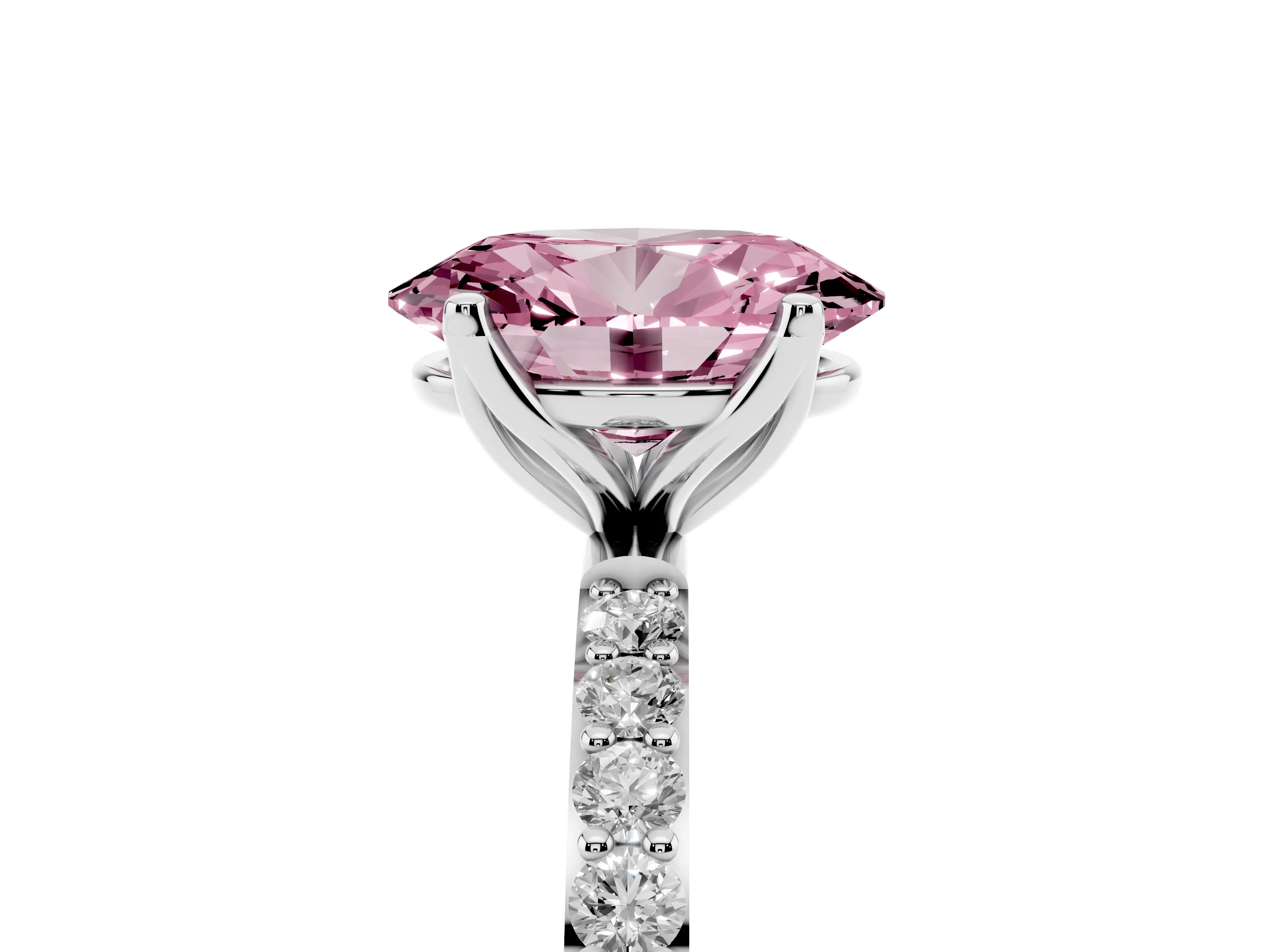 Fancy Pink Oval Cut Diamond Solitaire Engagement Ring Set in Platinum with Round Pavé Band and Prong Setting