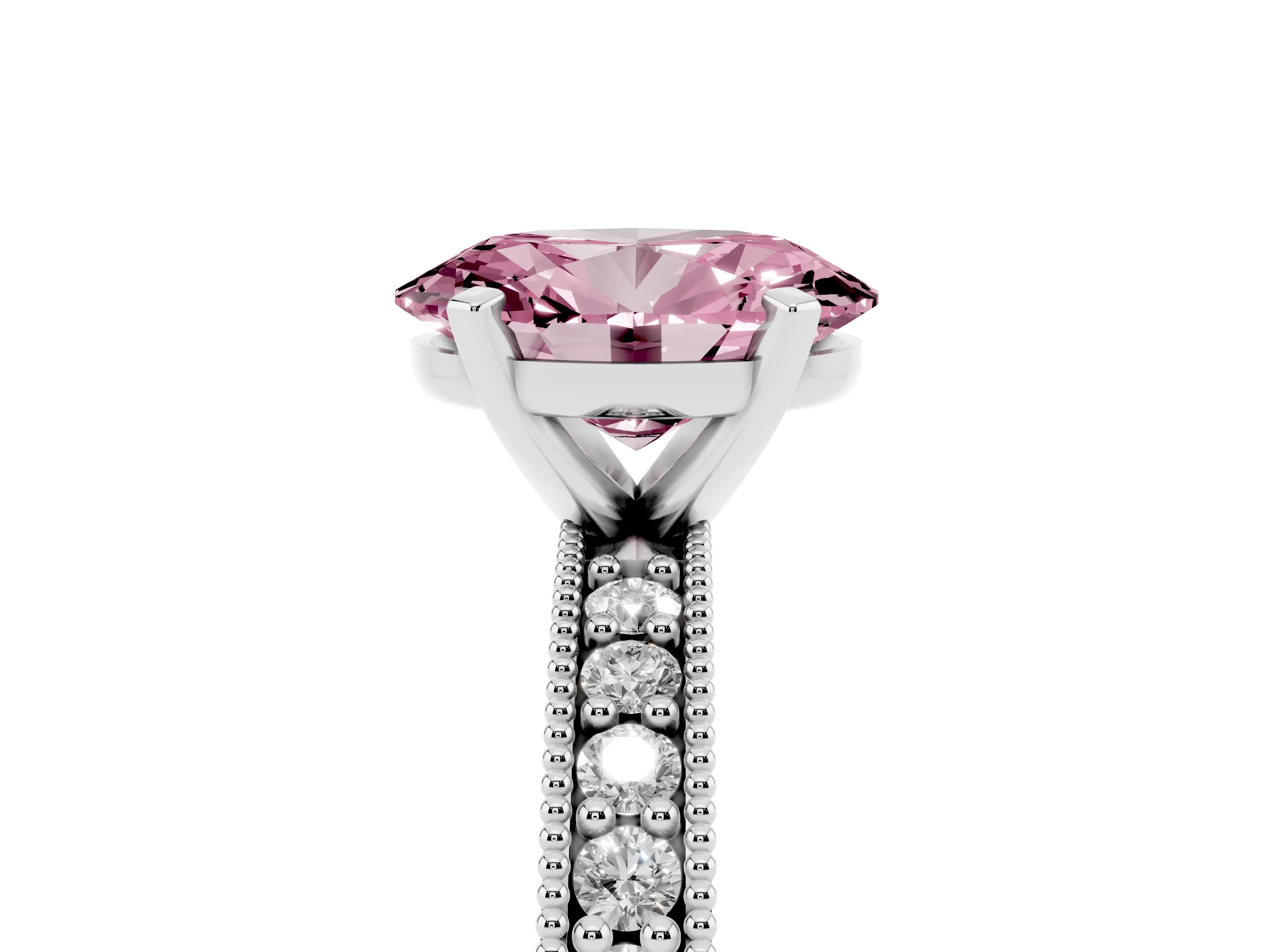 Fancy Pink Oval Cut Diamond Milgrain Pavé Engagement Ring Set in Platinum with Prong Setting