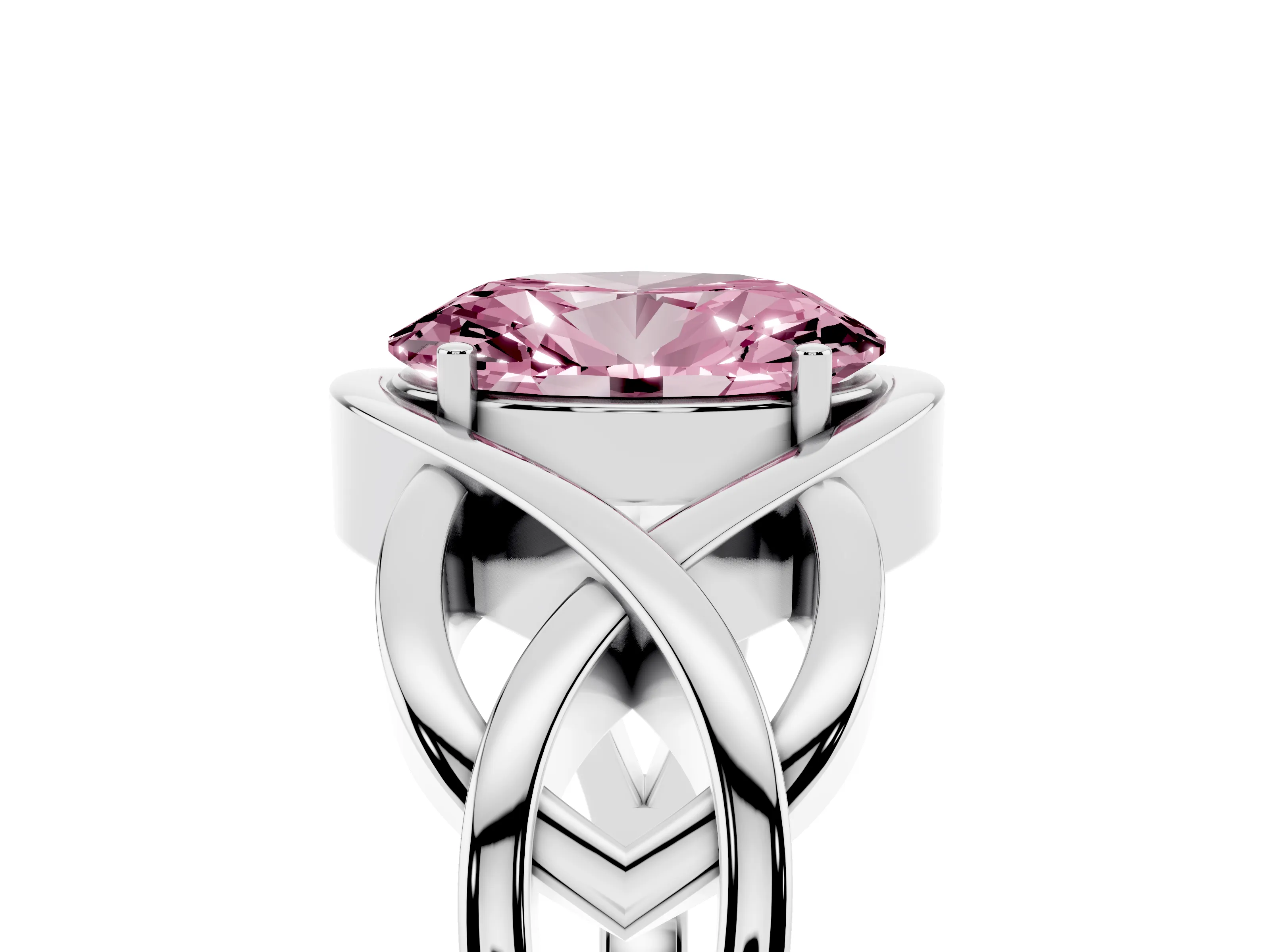 Fancy Pink Oval Cut Diamond Solitaire Ring Set in Platinum with Intertwined Band