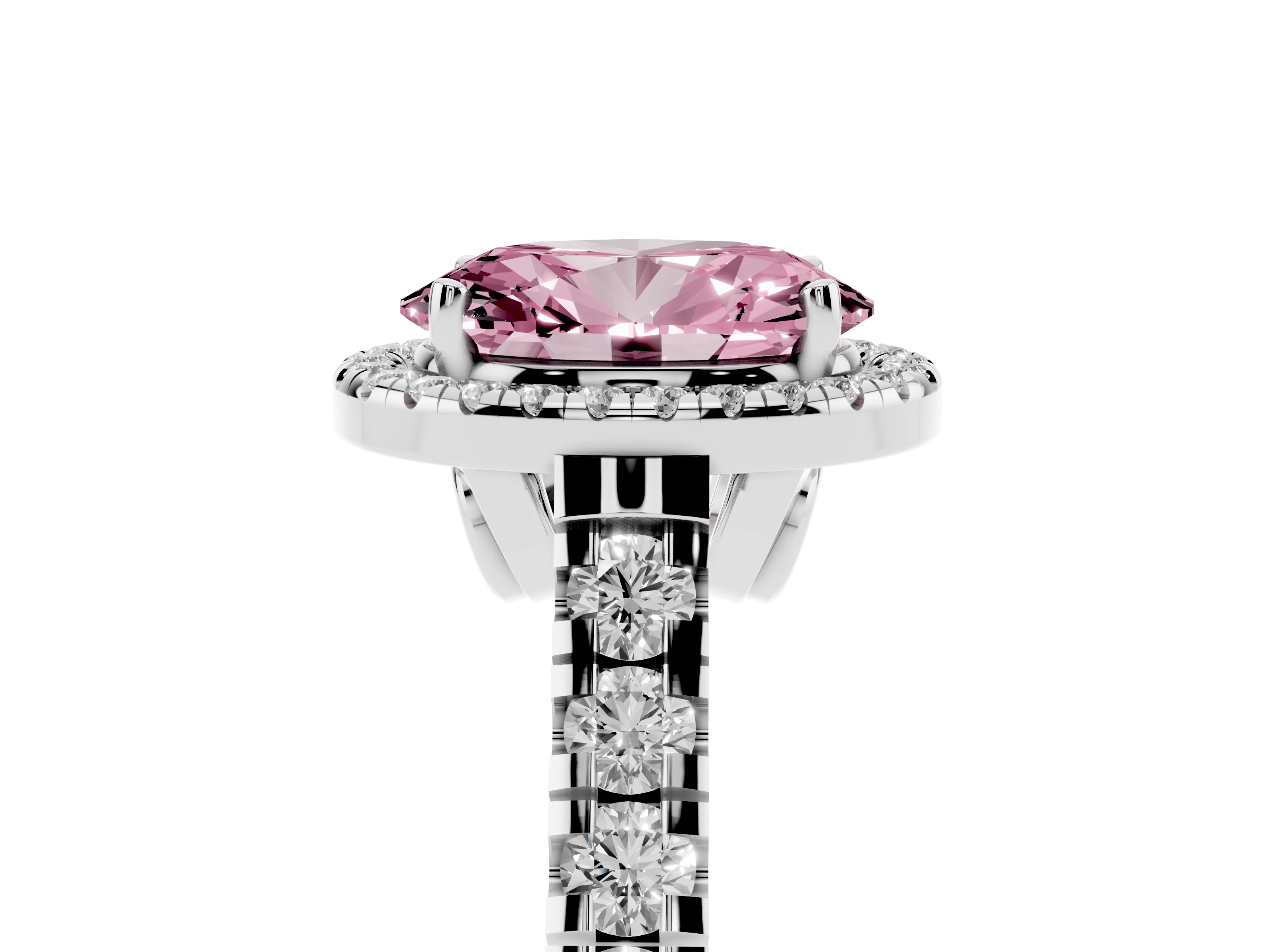 Fancy Pink Oval Cut Diamond Halo Engagement Ring Set in Platinum with Pavé Band and Prong-Set Center