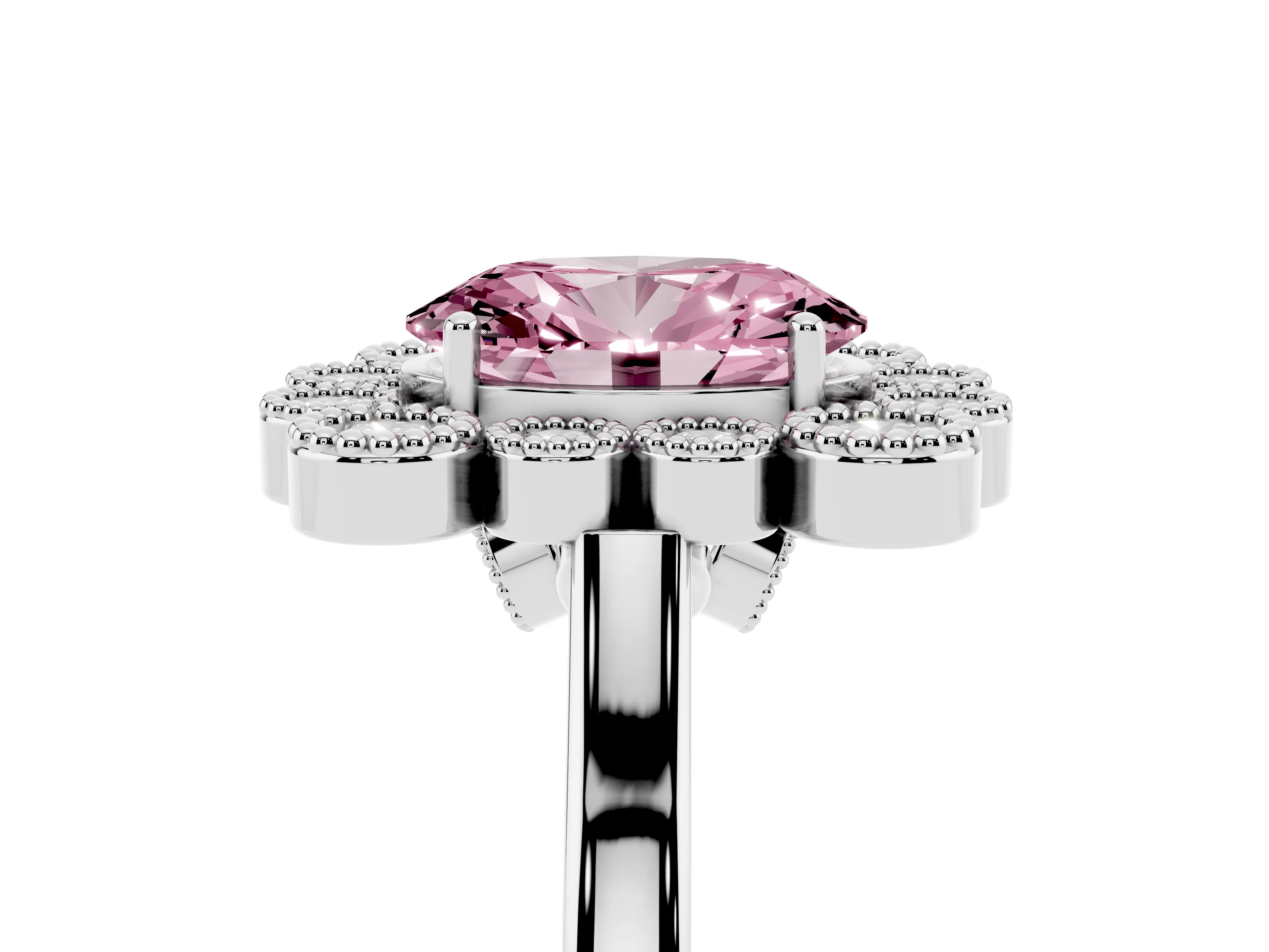 Fancy Pink Oval Cut Diamond Cluster Halo Ring Set in White gold with Milgrain Bezel Accents and Plain Band