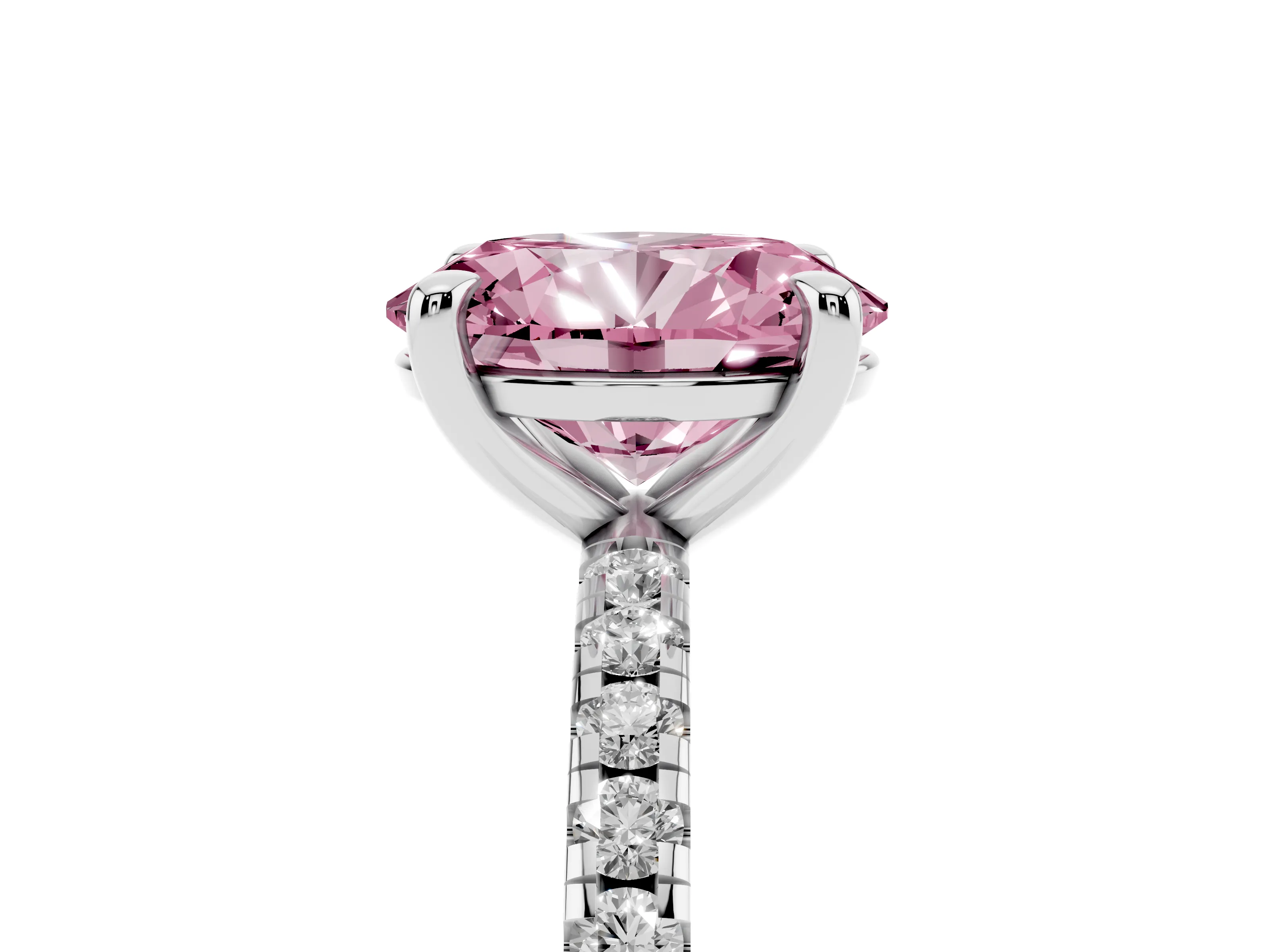 Fancy Pink Oval Cut Diamond Brilliant Solitaire Ring Set in White gold with Pavé Band and Prong Setting