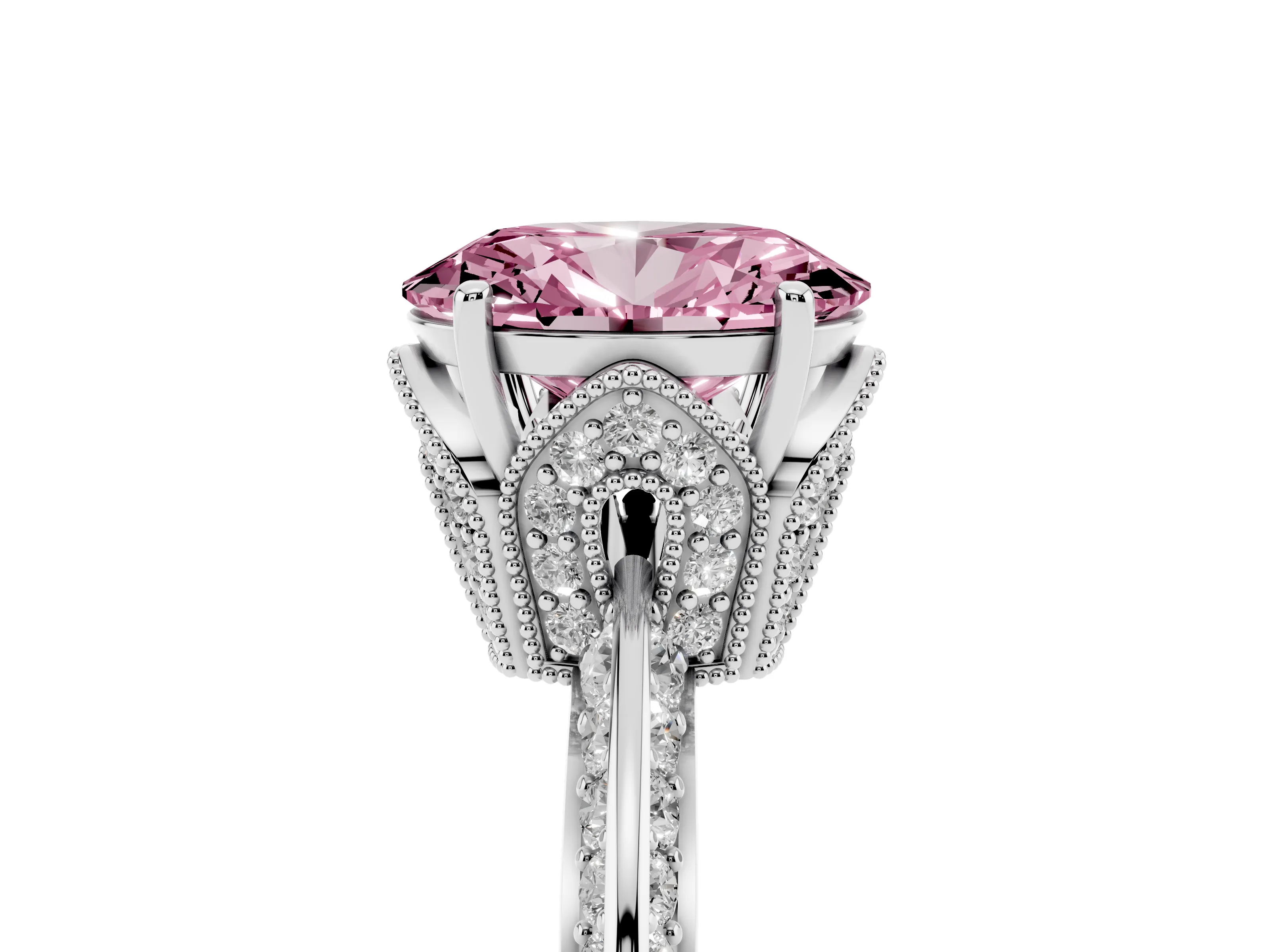 Fancy Pink Oval Cut Diamond Solitaire Engagement Ring Set in Platinum with Pavé Split Shank and Prong Setting