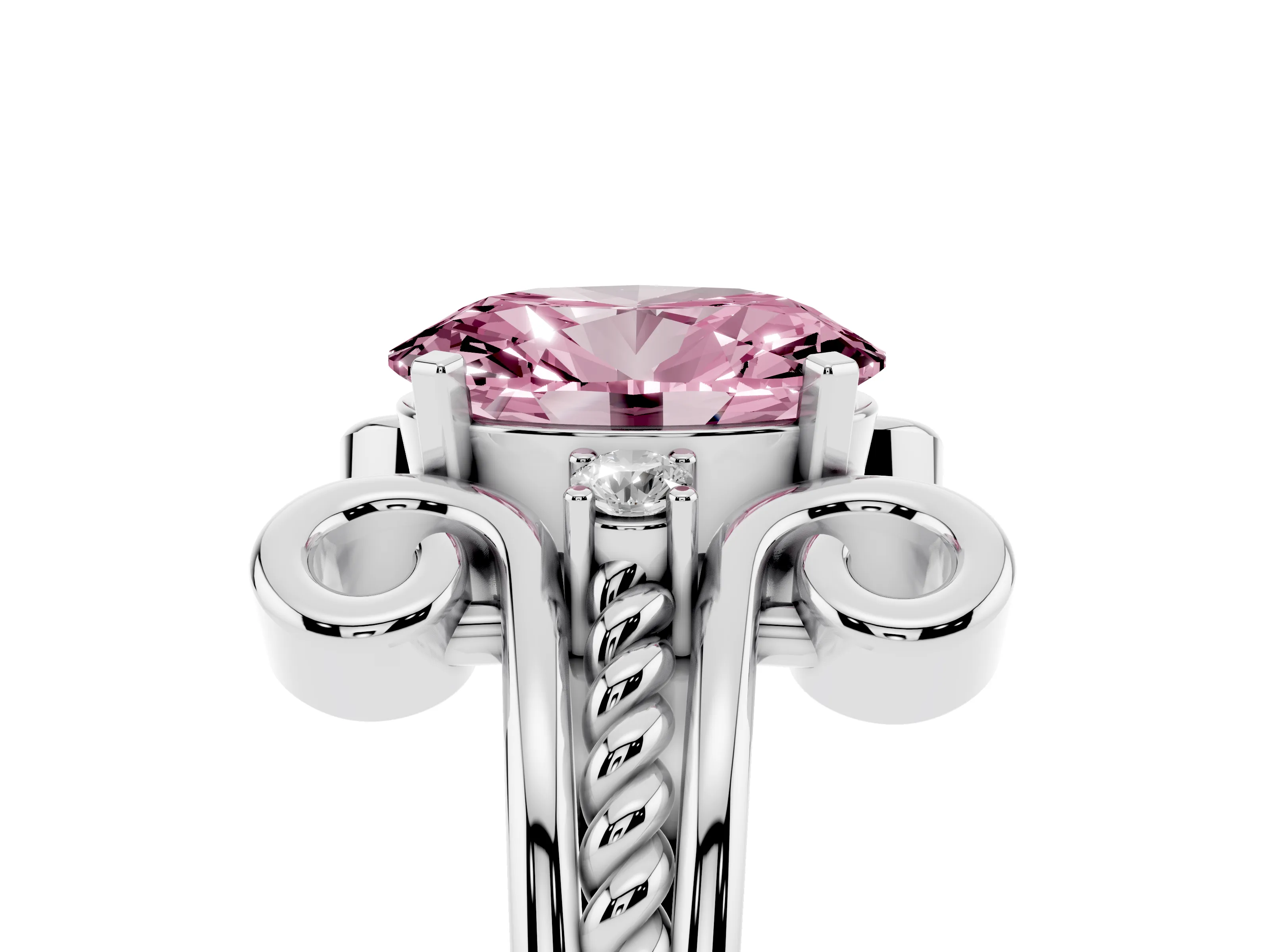 Fancy Pink Oval Cut Diamond Twisted Band Solitaire Ring Set in Platinum with Scroll Prongs