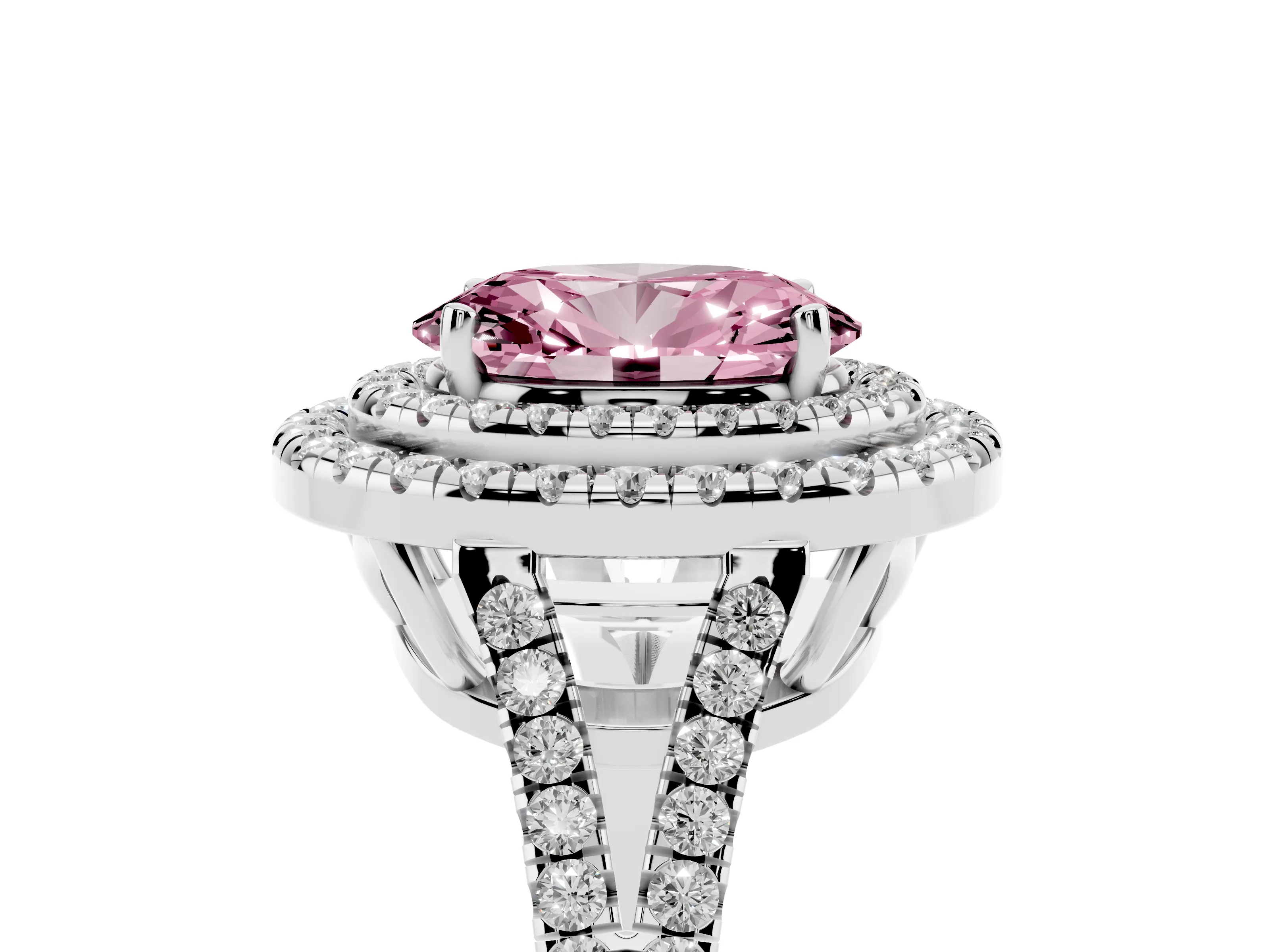Fancy Pink Oval Cut Diamond Double Halo Ring Set in Platinum with Pavé Band