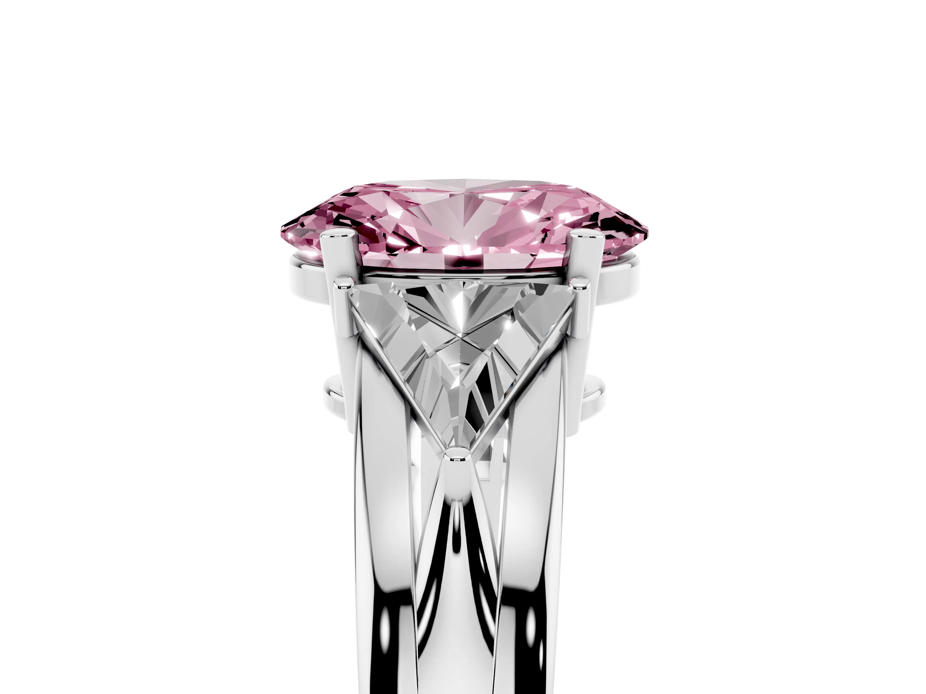 Fancy Pink Oval Cut Diamond Three-Stone Ring Set in White gold with Trillion Side Stones and Split Shank