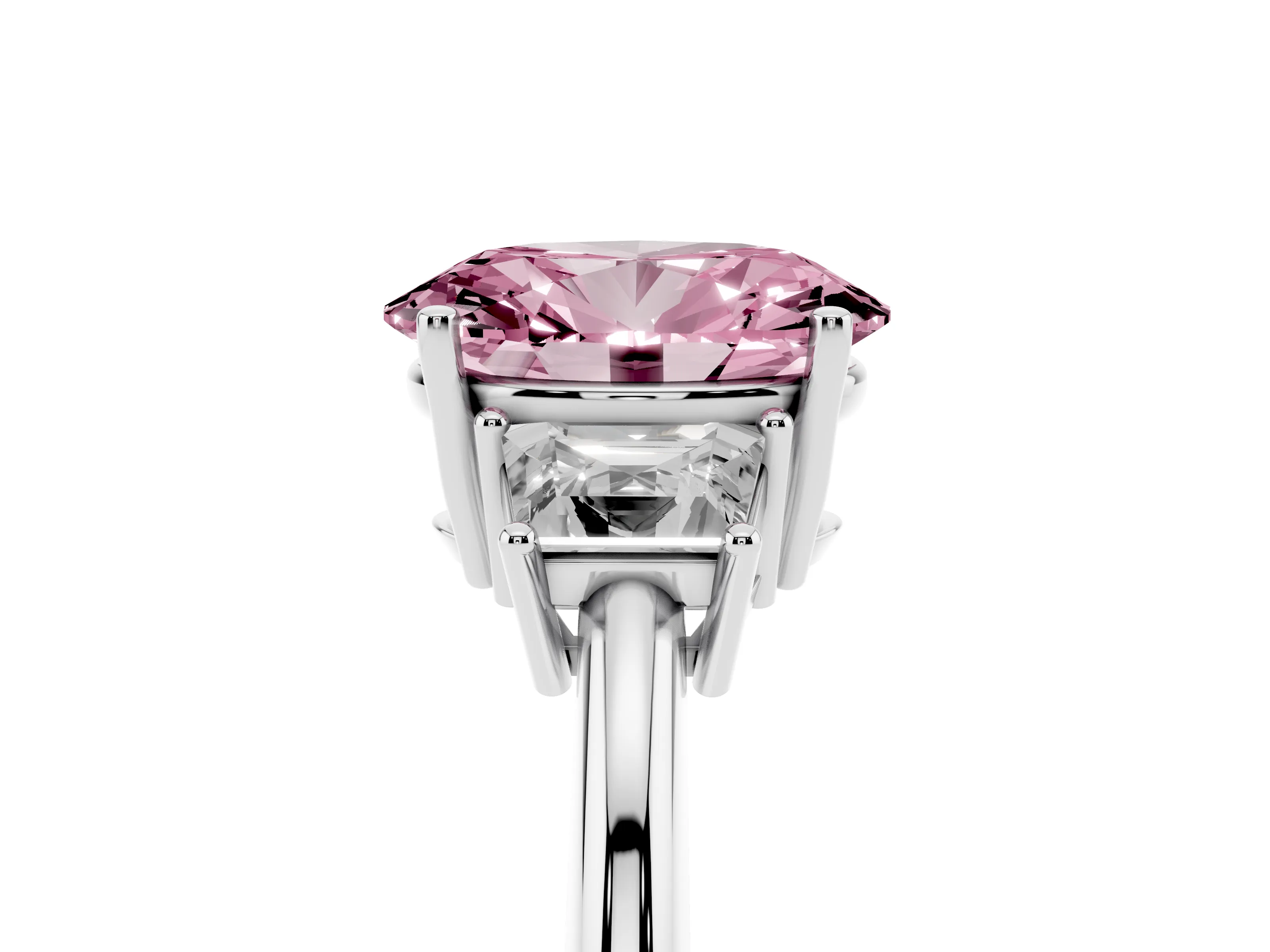 Fancy Pink Oval Cut Diamond Three-Stone Ring Set in White gold with Trapezoid Side Stones and Prong Setting