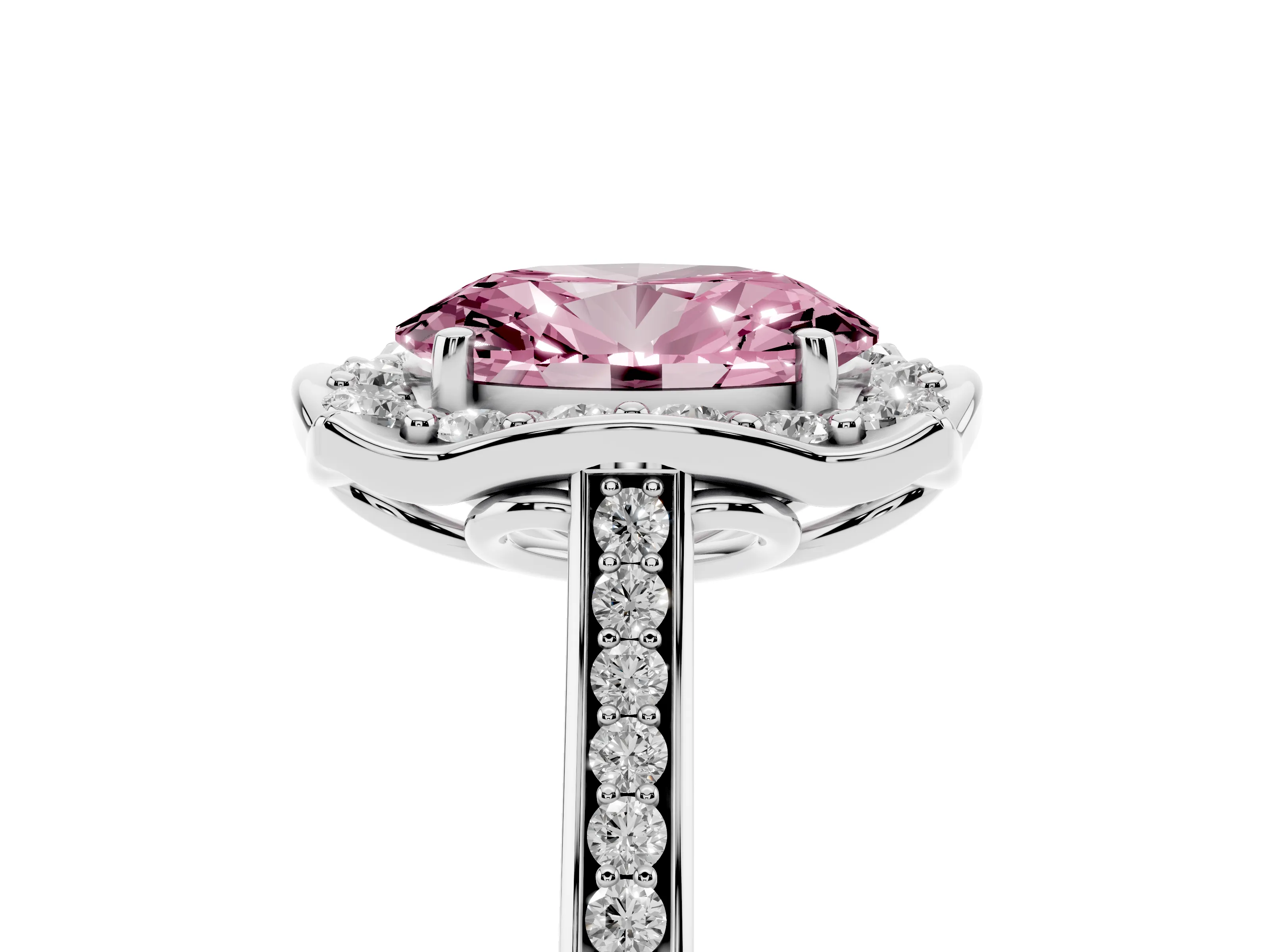 Fancy Pink Oval Cut Diamond Halo Ring Set in Silver with Pavé-Lined Shoulders and Prong Setting