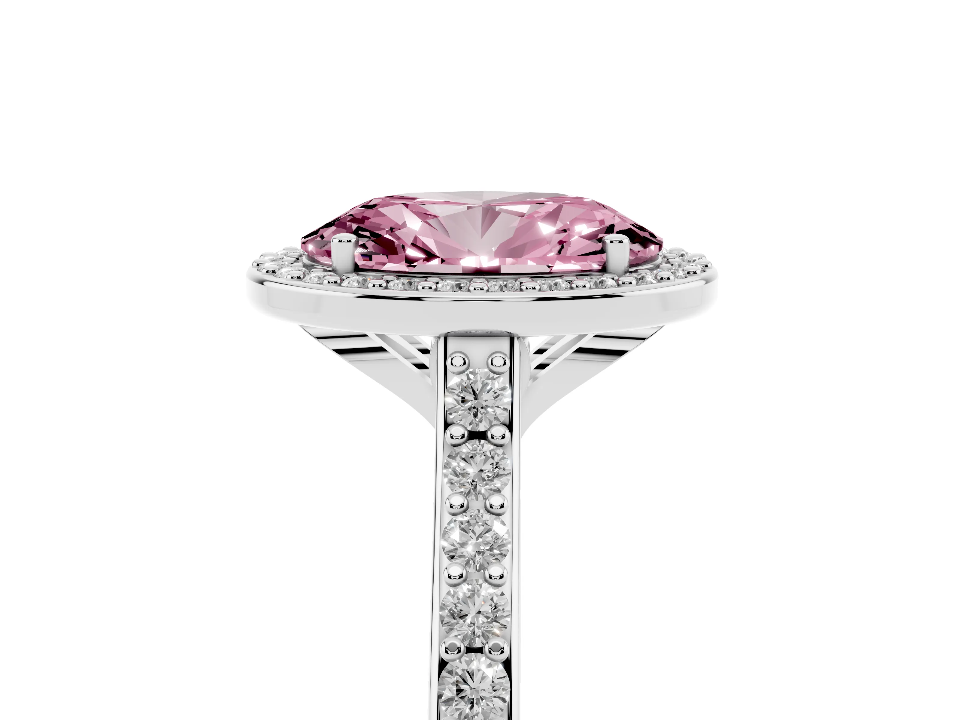 Fancy Pink Oval Cut Diamond Halo Engagement Ring Set in White gold with Round Pavé Shoulders and Heart Gallery