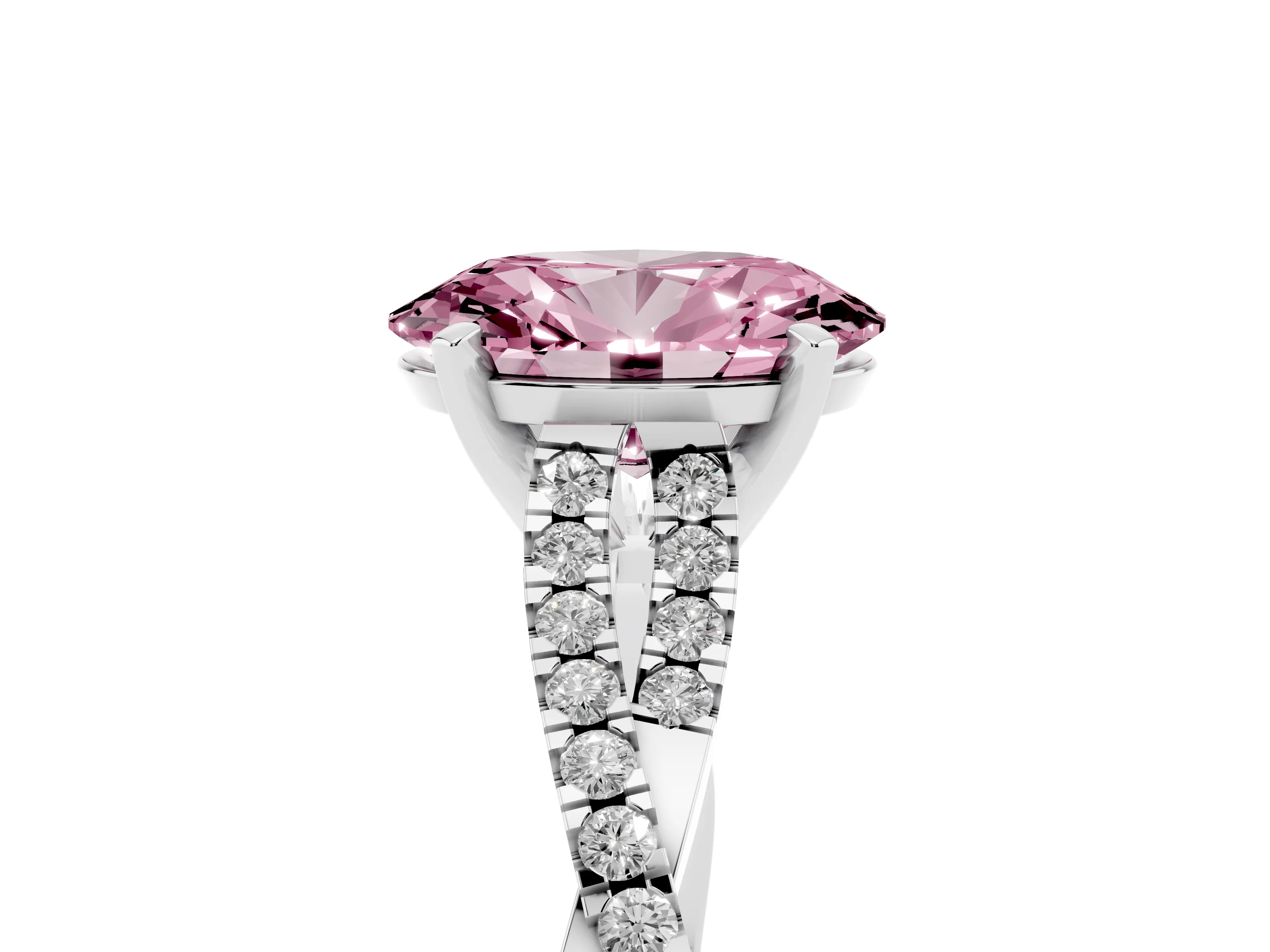 Fancy Pink Oval Cut Diamond Solitaire Engagement Ring Set in Silver with Twisted Pavé Band and Prong Setting