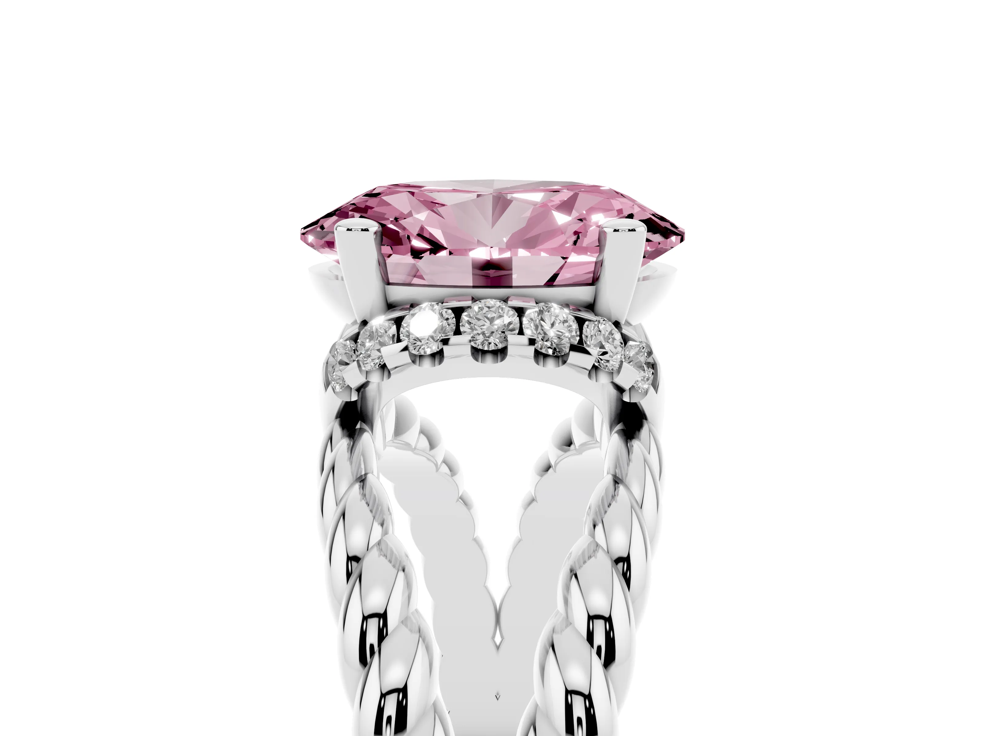 Fancy Pink Oval Cut Diamond Halo Ring Set in Silver with Twisted Band and Prong Setting