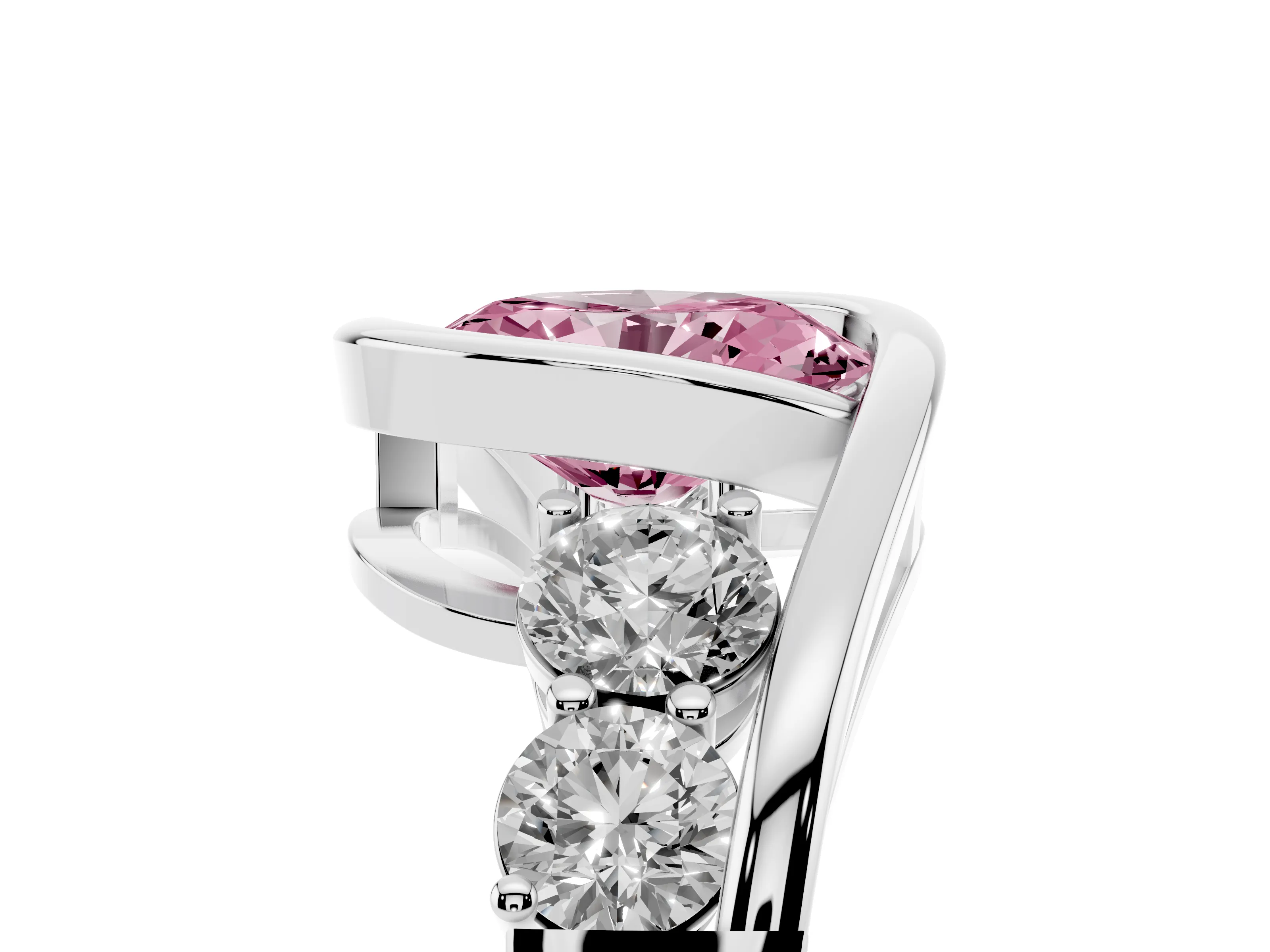 Fancy Pink Oval Cut Diamond Bezel Bypass Ring Set in Silver with Round Accents