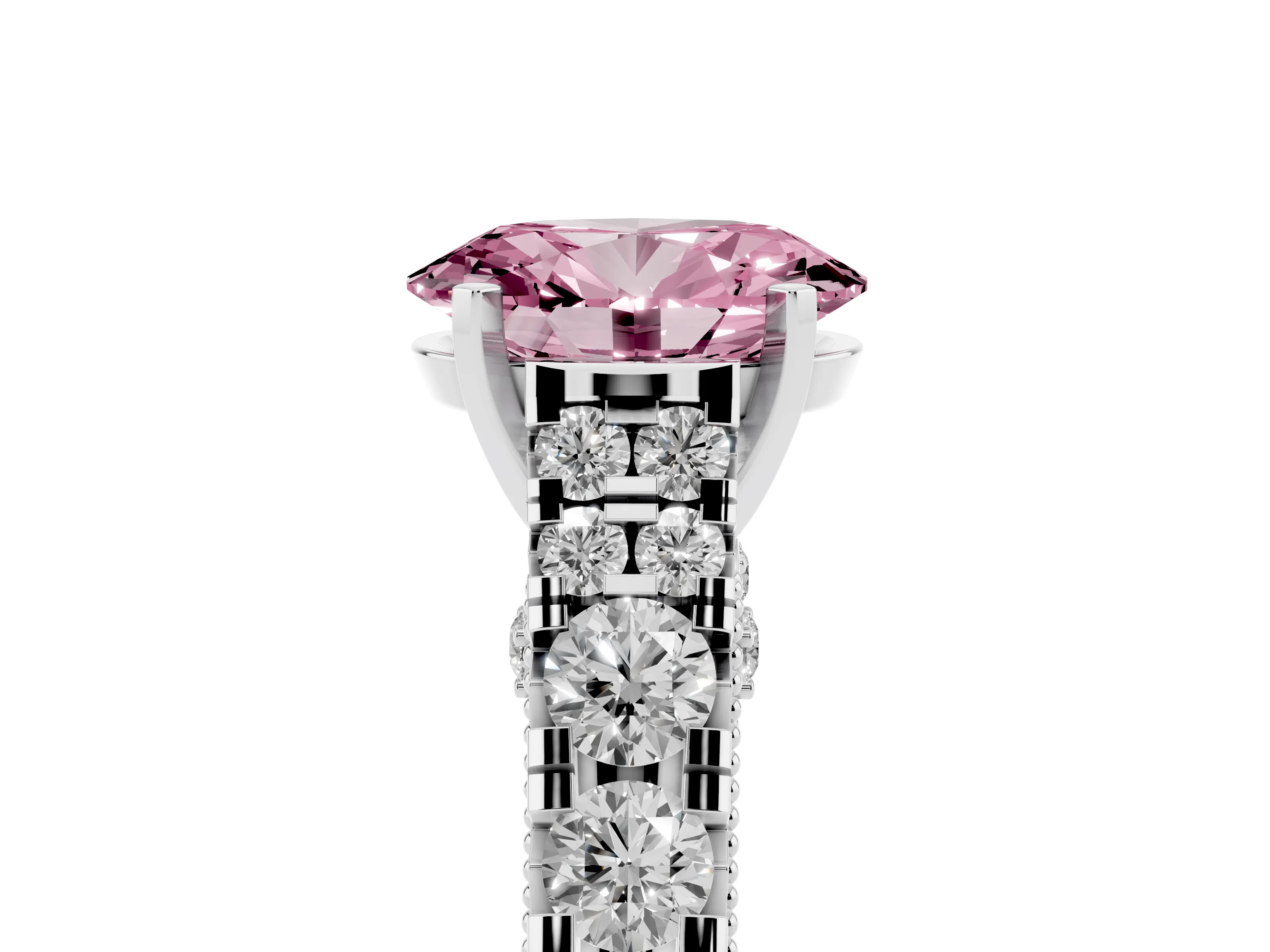 Fancy Pink Oval Cut Diamond Classic Solitaire Ring Set in Platinum with Pavé Band and Prong Setting