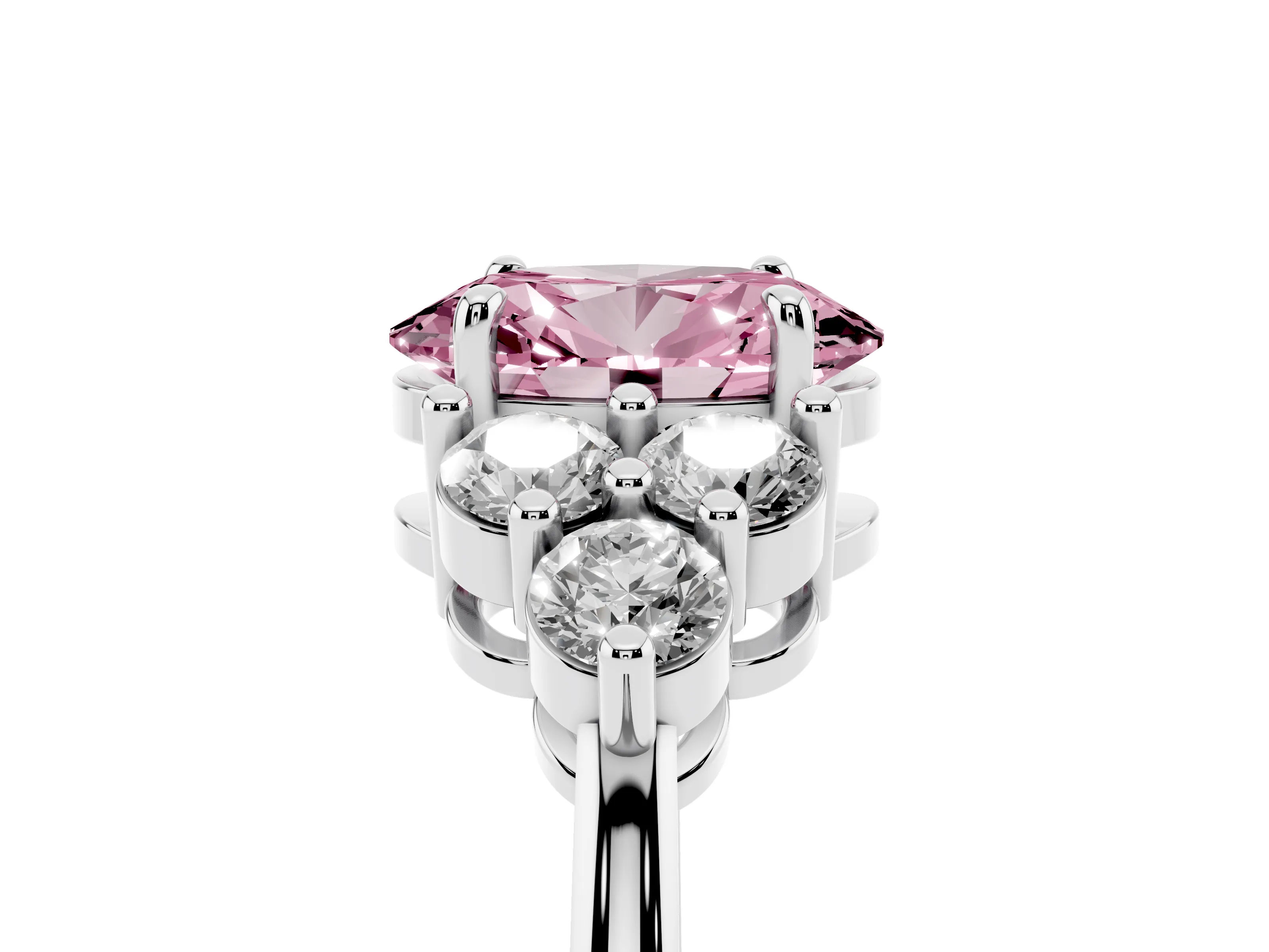 Fancy Pink Oval Cut Diamond Solitaire Ring Set in Silver with Cluster Accents on Each Side