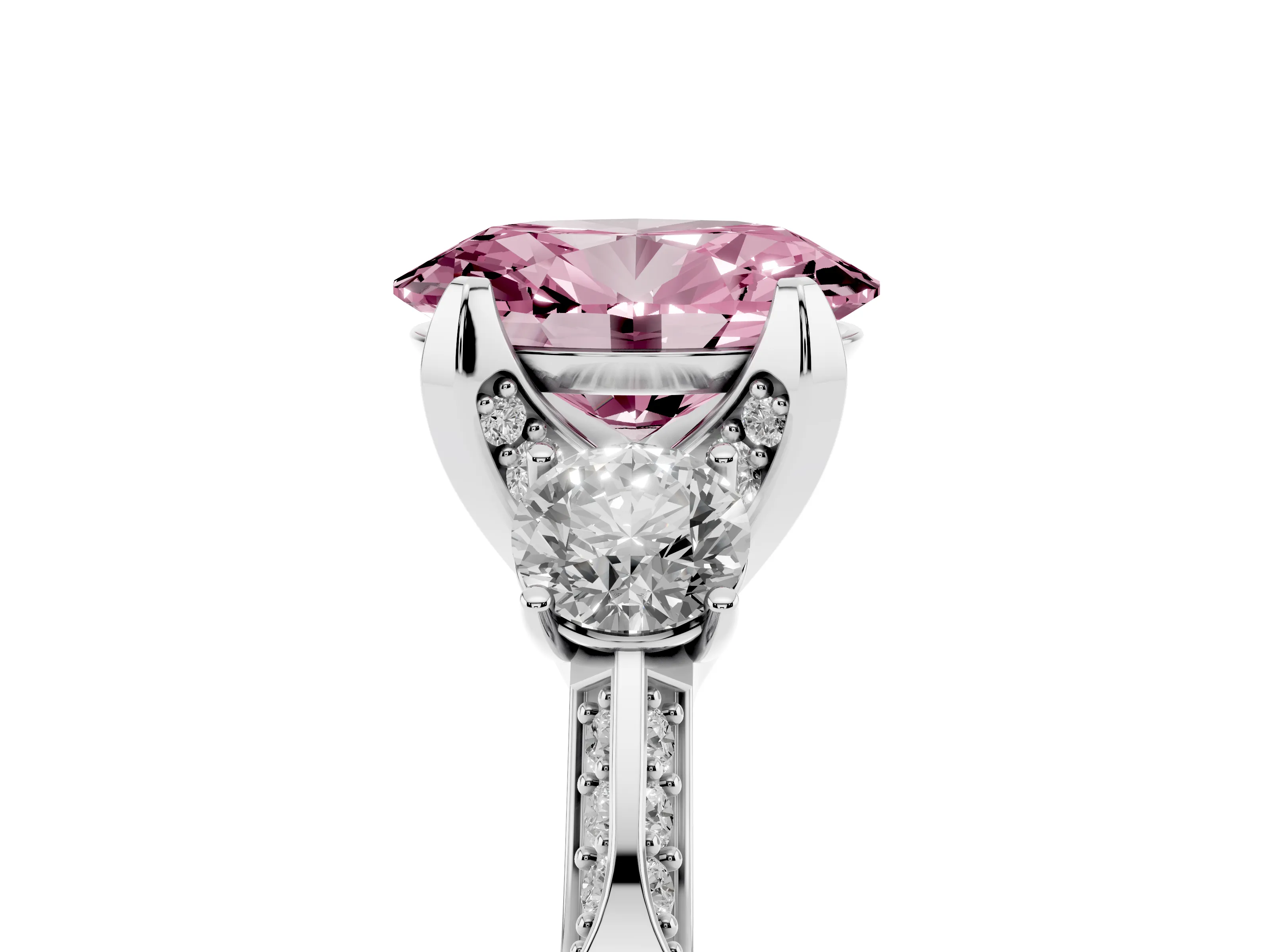 Fancy Pink Oval Cut Diamond Three-Stone Ring Set in Silver with Pavé Band and Smaller Side Stones