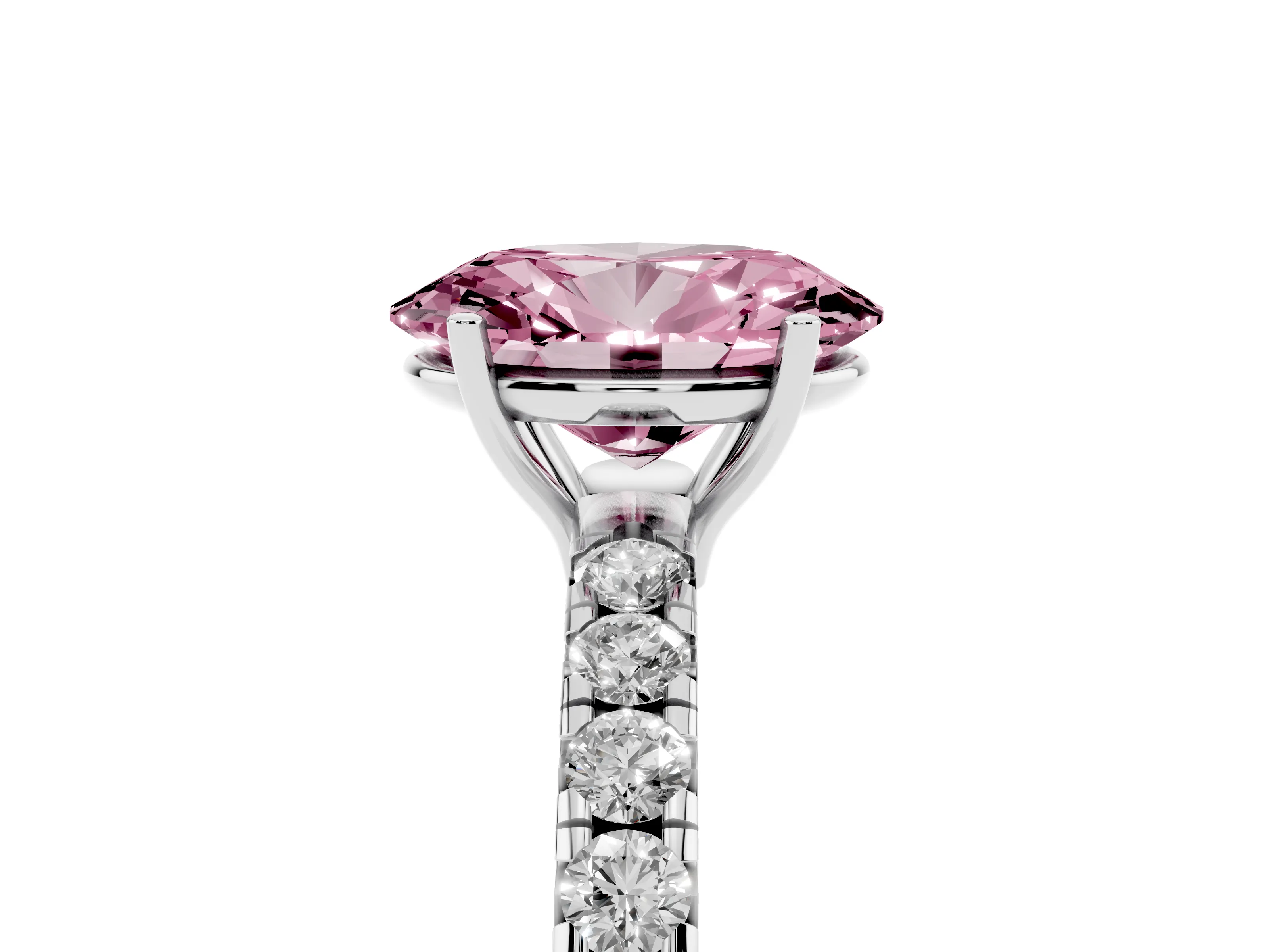 Fancy Pink Oval Cut Diamond Pavé Solitaire Engagement Ring Set in Platinum with Prong Setting