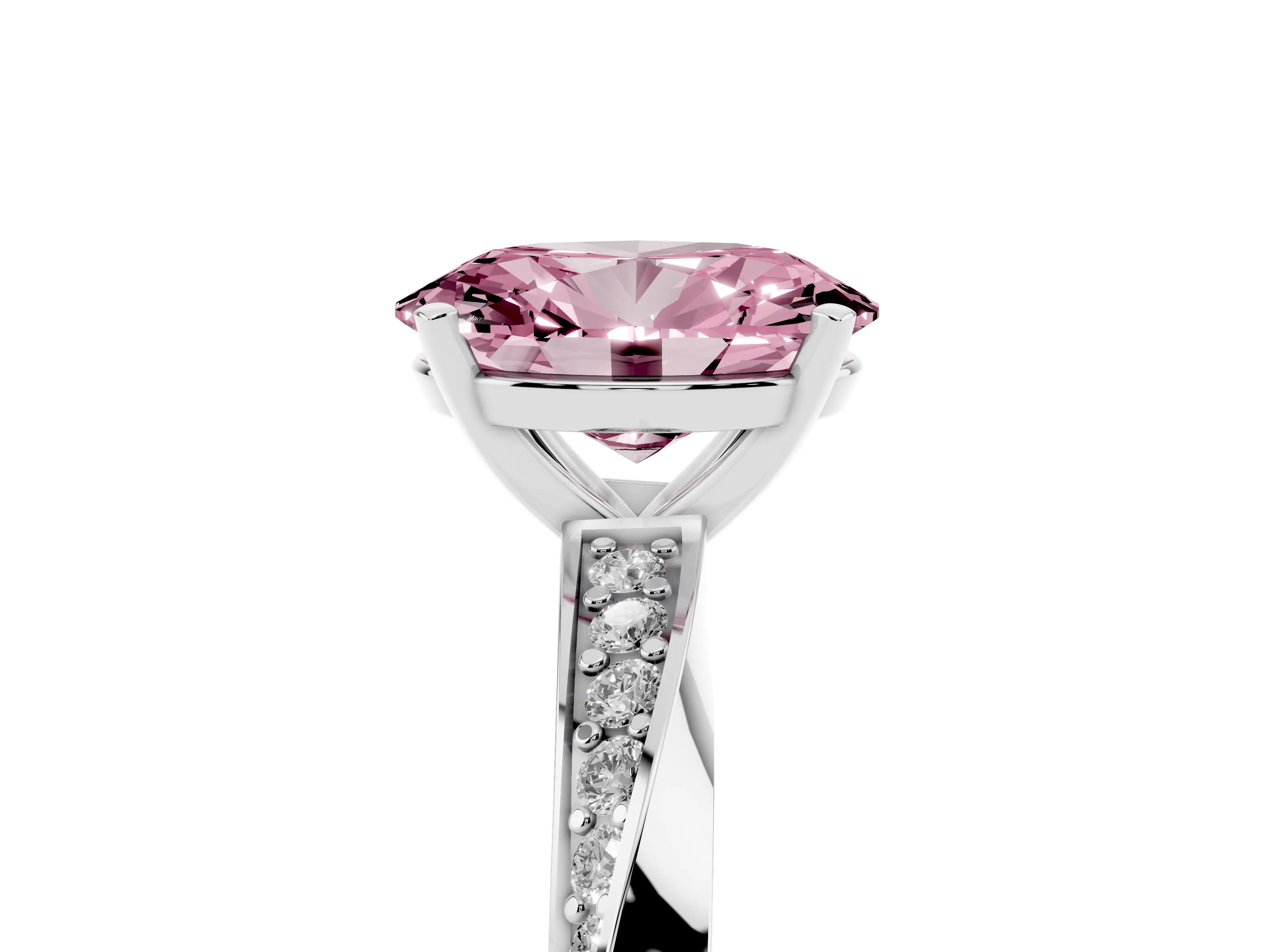 Fancy Pink Oval Cut Diamond Engagement Ring Set in White gold with Side Stone Accents and Prong Setting