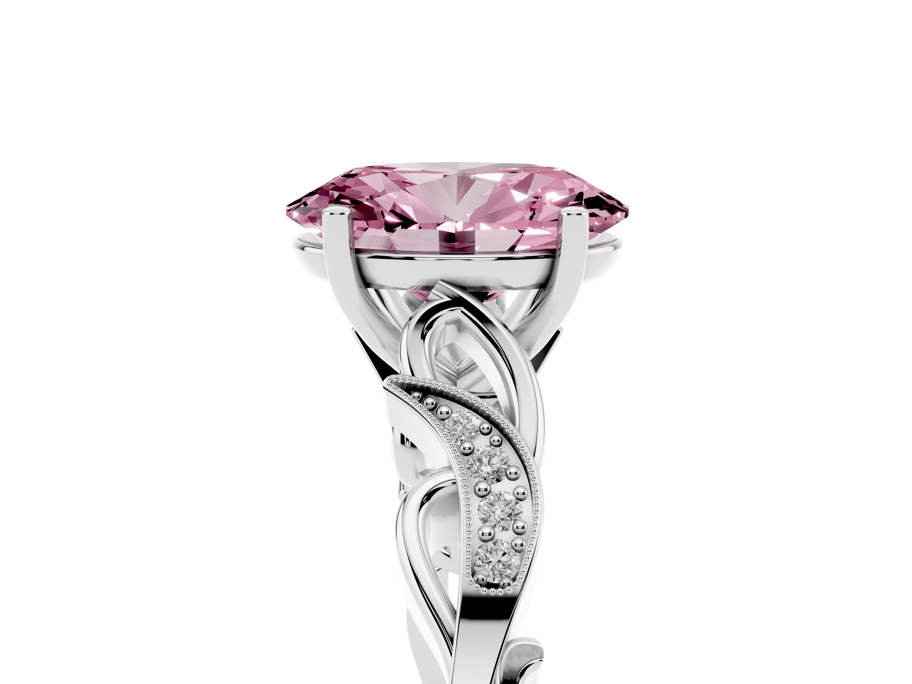 Fancy Pink Oval Cut Diamond Vine Band Solitaire Ring Set in Silver with Milgrain Prong Setting